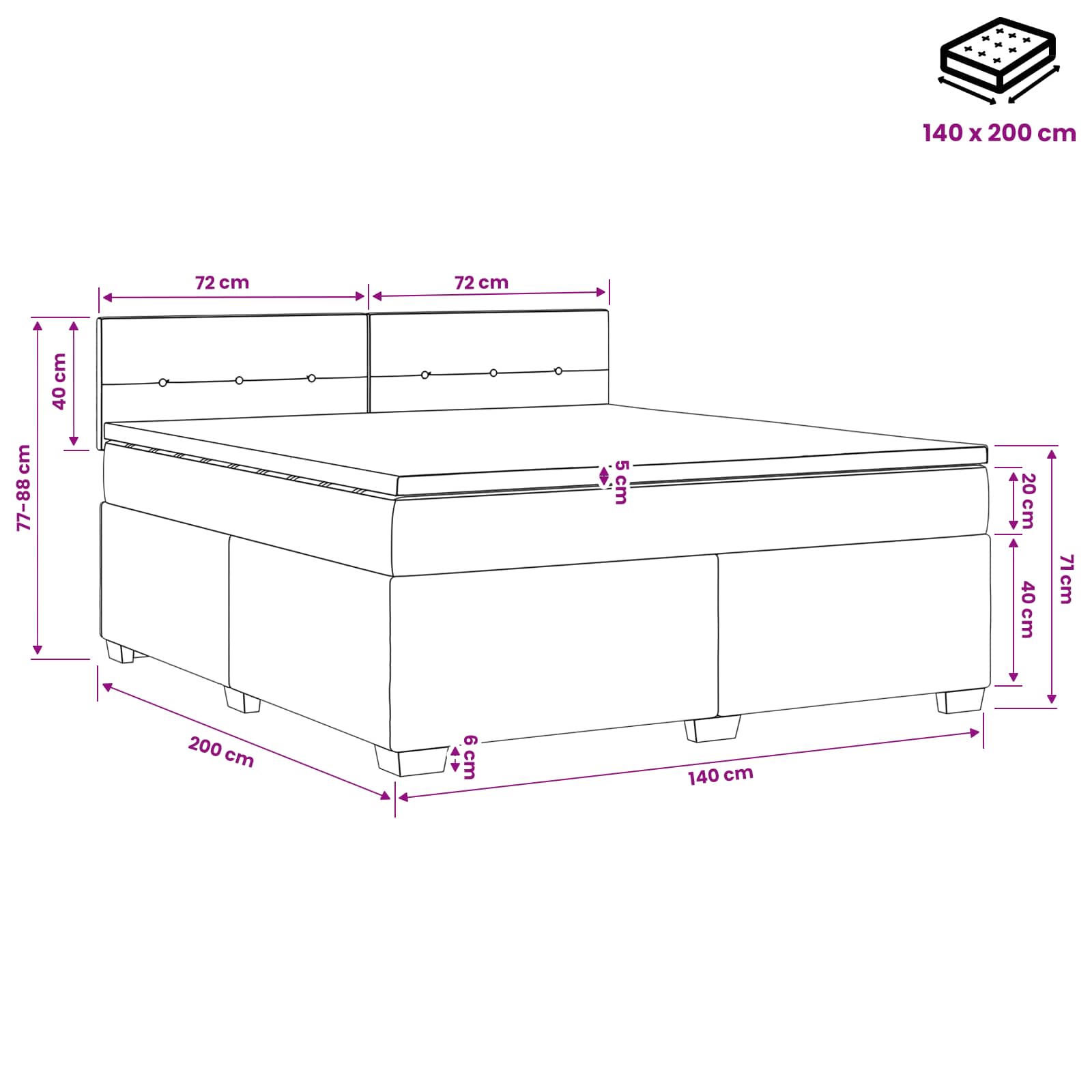 Boxspring krevet s madracem Crna 140 x 200 cm Baršun