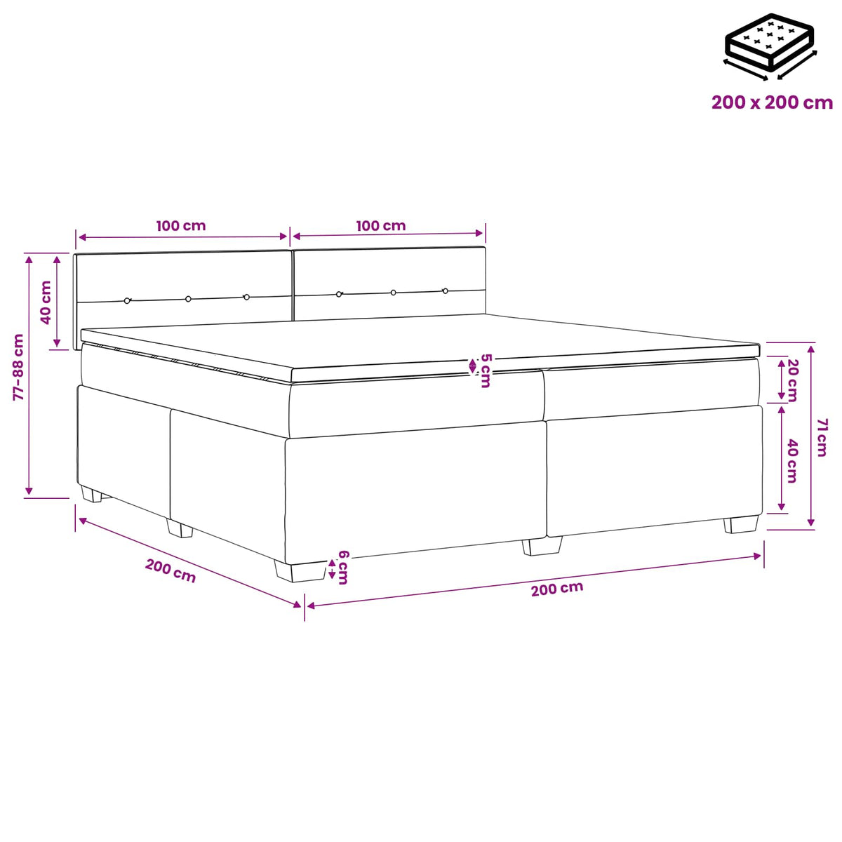 Boxspring krevet s madracem Crna 200 x 200 cm Baršun