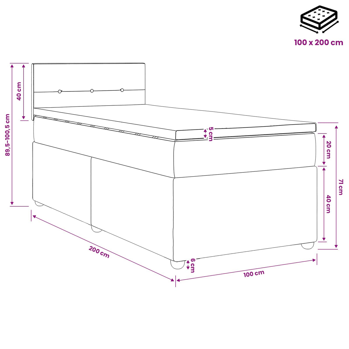 Boxspring krevet s madracem Tamnosiva 100 x 200 cm Tkanina 200 x 100 x 88 cm