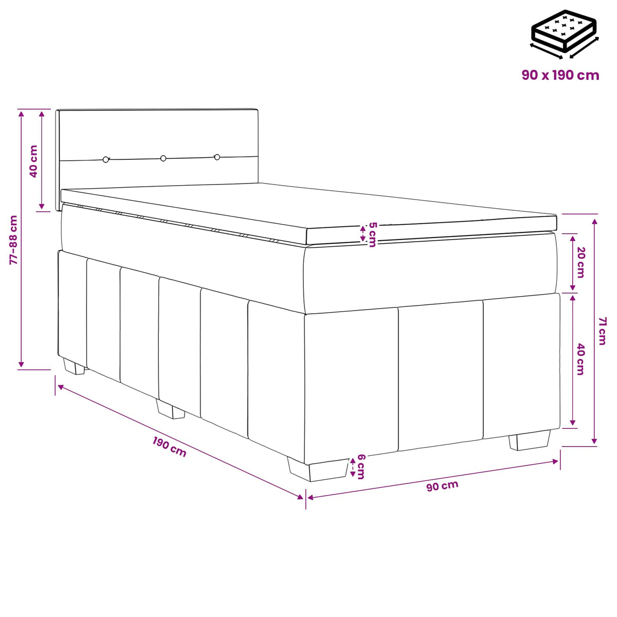 Boxspring krevet s madracem Crna 90 x 190 cm Tkanina