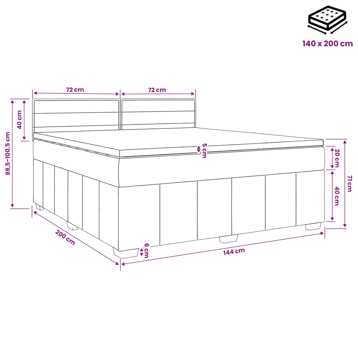 Boxspring krevet s madracem Tamnosiva 140 x 200 cm Tkanina 200 x 140 x 88 cm