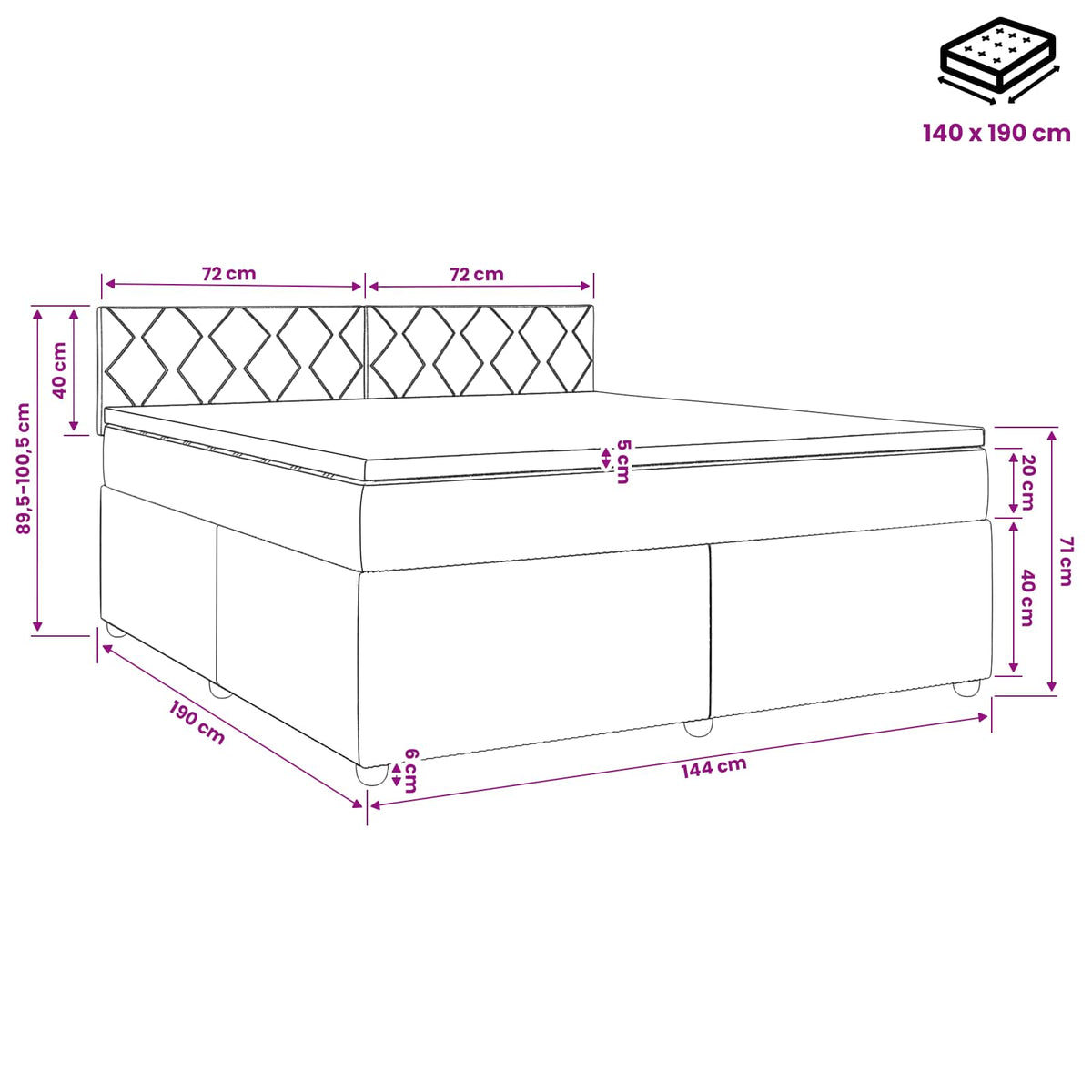 Boxspring krevet s madracem Tamnosiva 140 x 190 cm Tkanina 190 x 144 x 100.5 cm