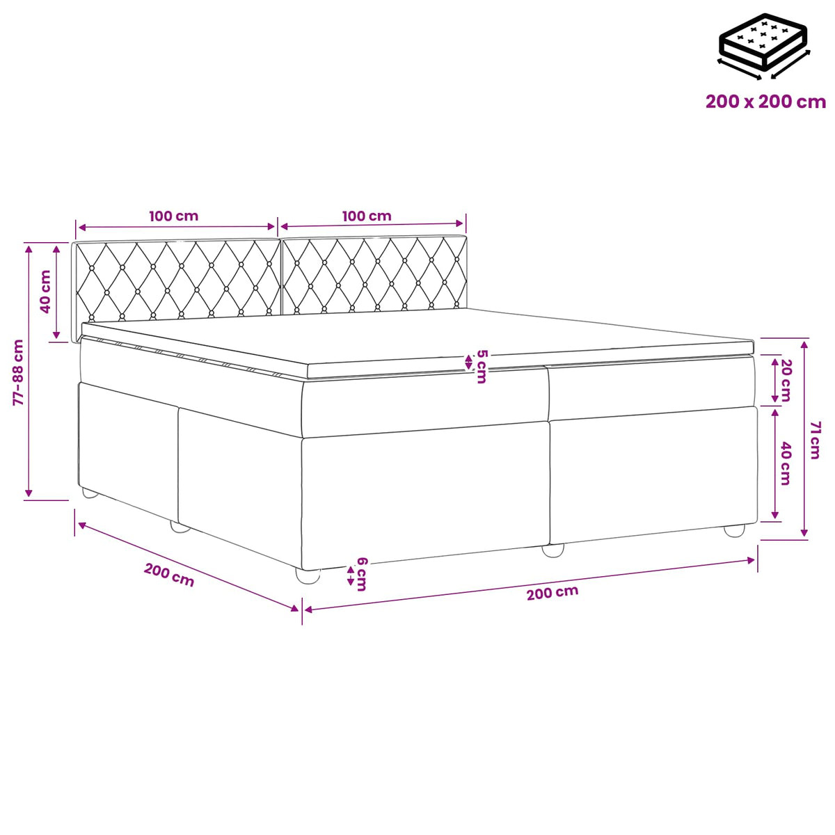 Boxspring krevet s madracem Crna 200 x 200 cm Baršun