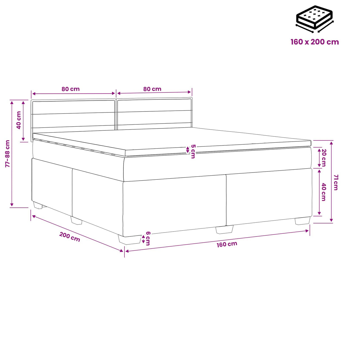 Krevet s box springom, madracem i LED-om Crna 160 x 200 cm