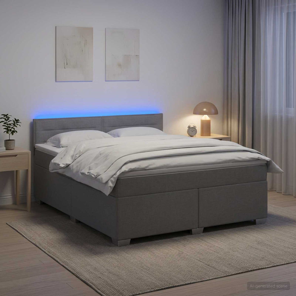 Krevet s box springom, madracem i LED-om Svjetlosiva Tkanina