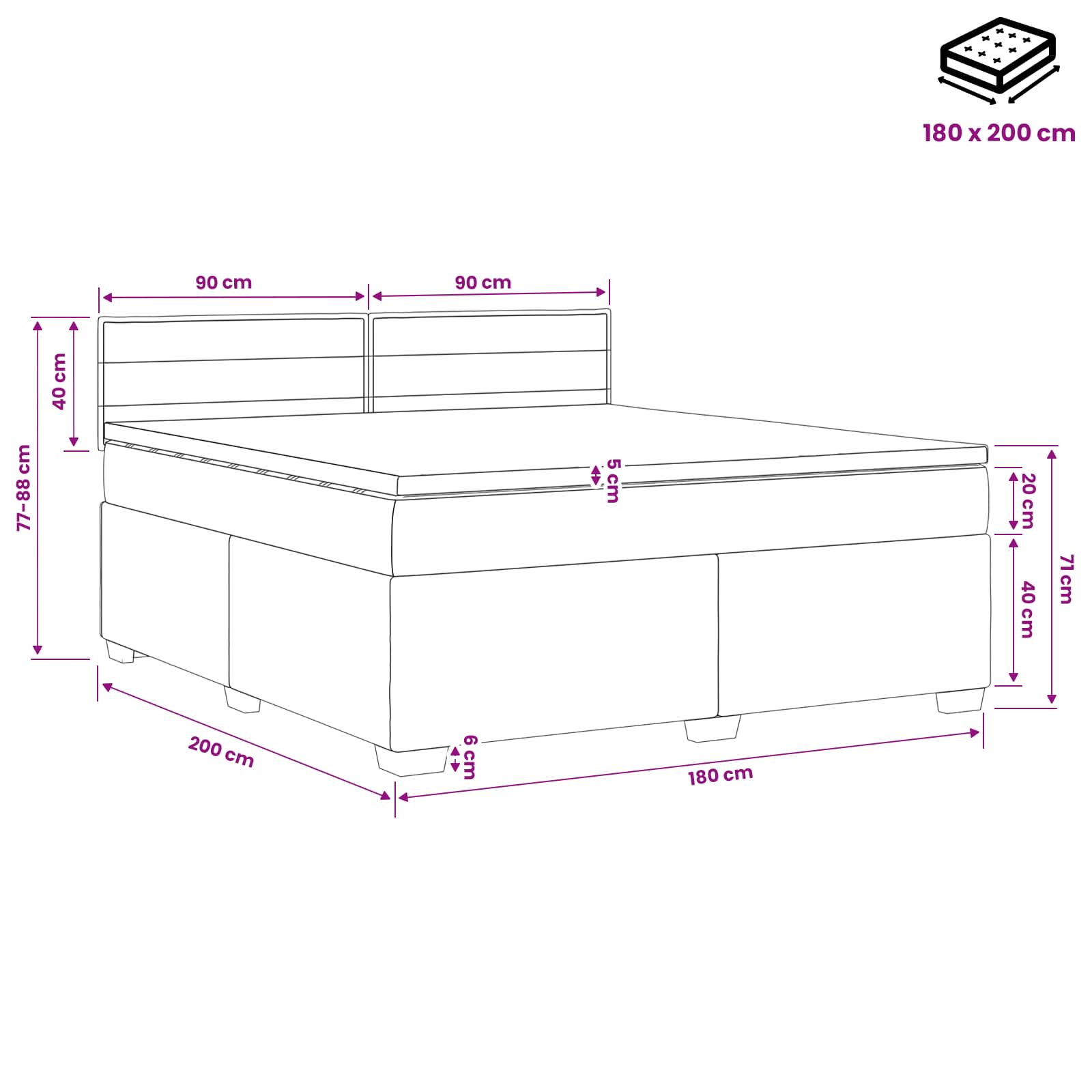Krevet s box springom, madracem i LED-om Crna 180 x 200 cm