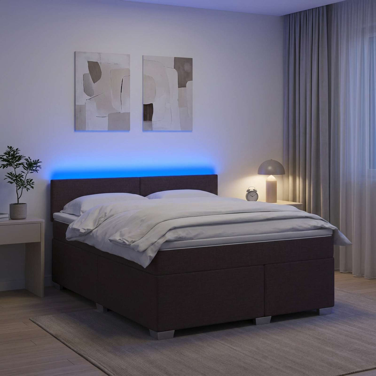 Krevet s box springom, madracem i LED-om Tamno smeđa Tkanina 140 x 190 cm