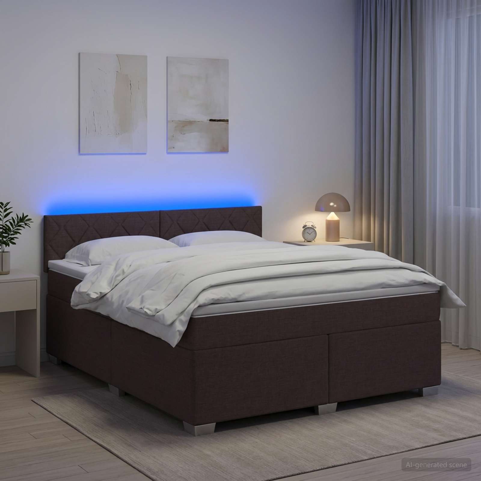 Krevet s box springom, madracem i LED-om Tamno smeđa Tkanina