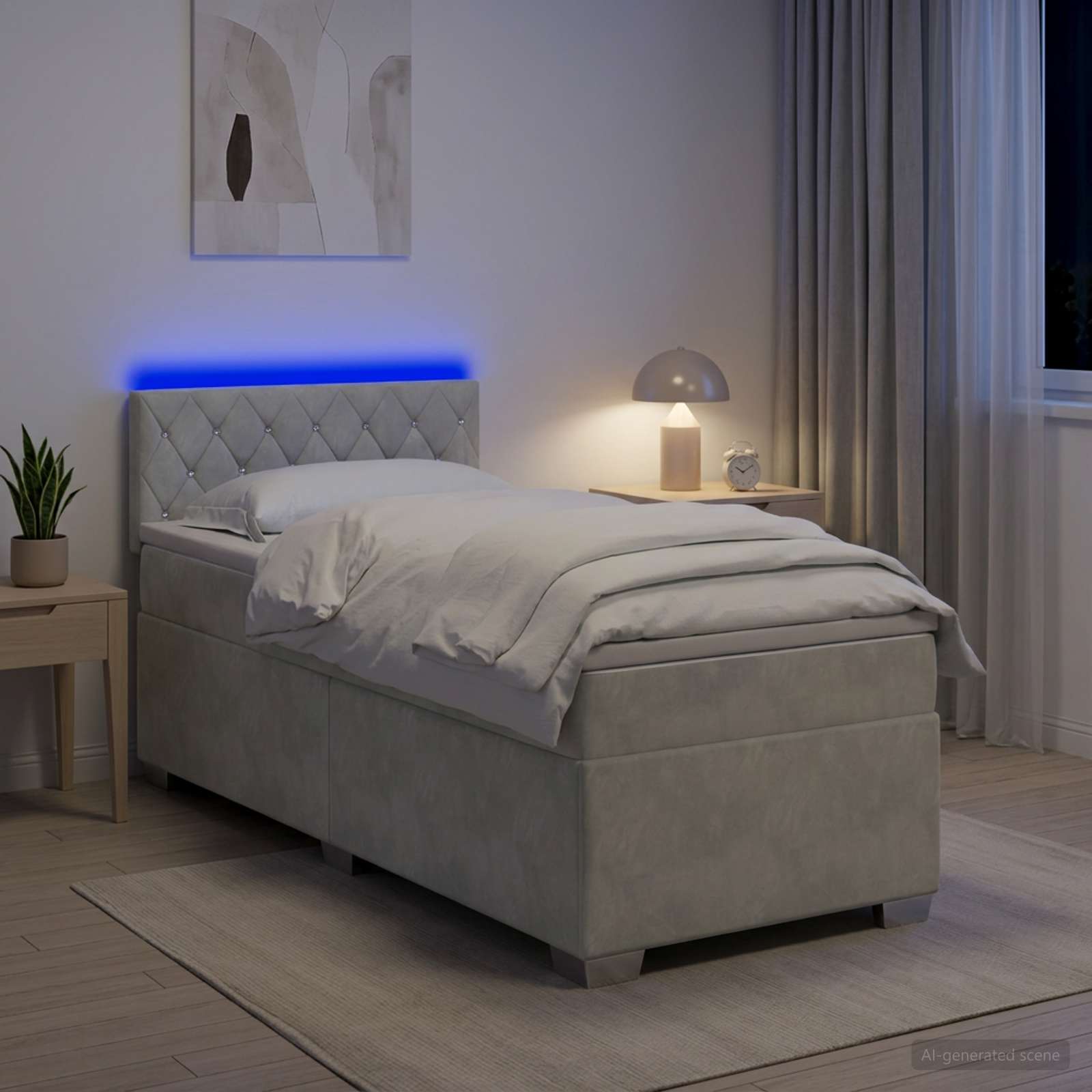 Krevet s box springom, madracem i LED-om Svjetlosiva Jjedan