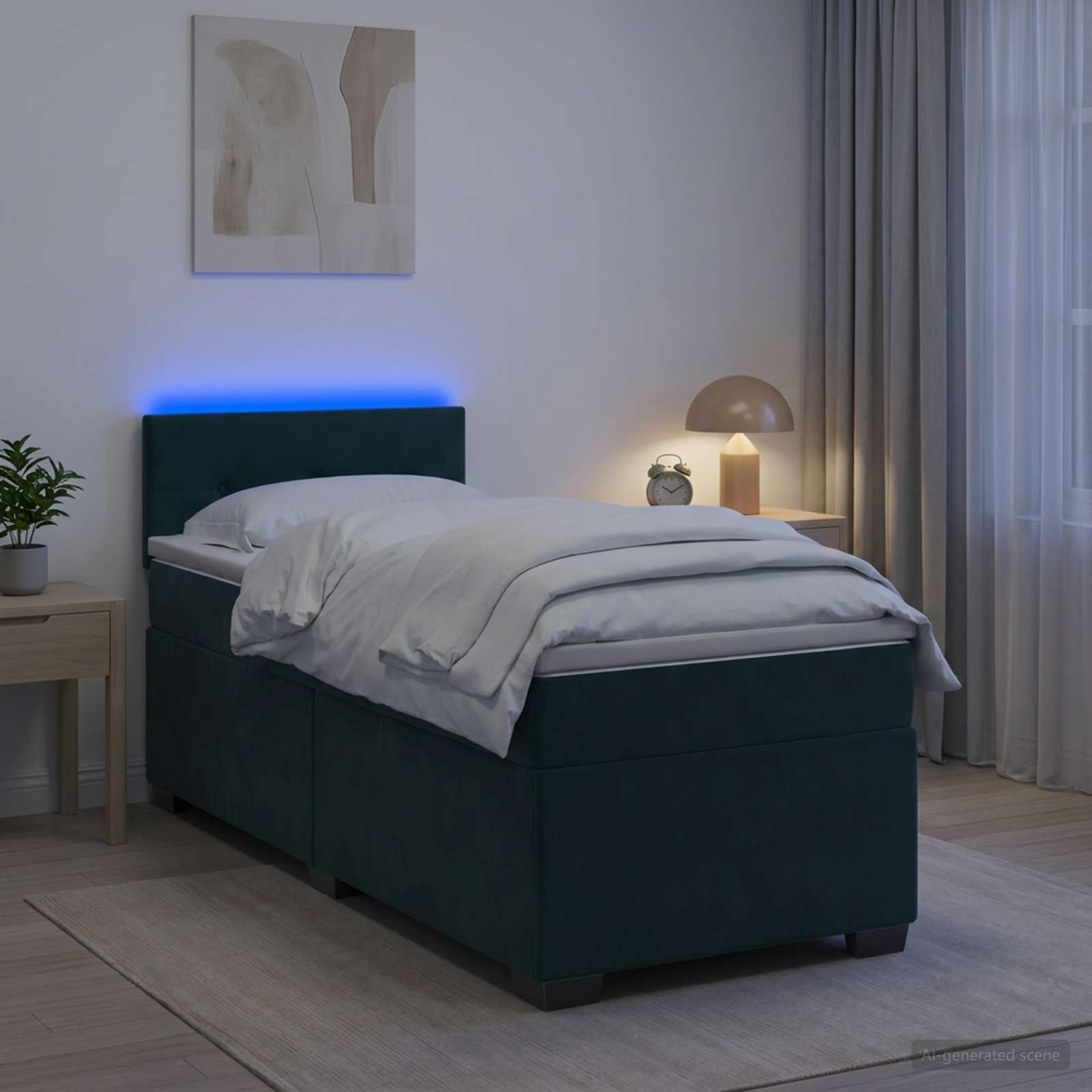 Krevet s box springom, madracem i LED-om Tamnozelena Baršun