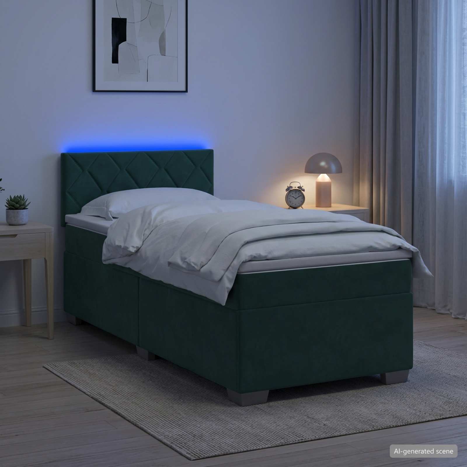 Krevet s box springom, madracem i LED-om Tamnozelena Baršun