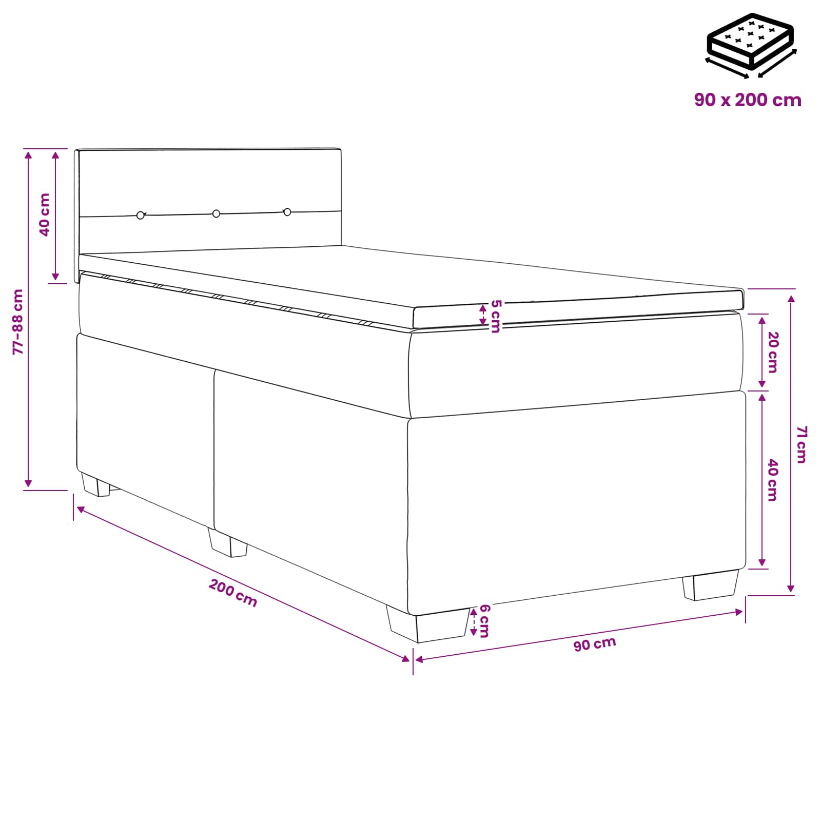Krevet s box springom, madracem i LED-om Tamnosiva 90 x 200 cm