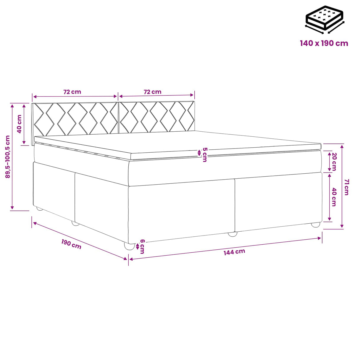 Boxspring krevet s madracem Tamnosiva 140 x 190 cm Tkanina 144 x 190 x 100.5 cm