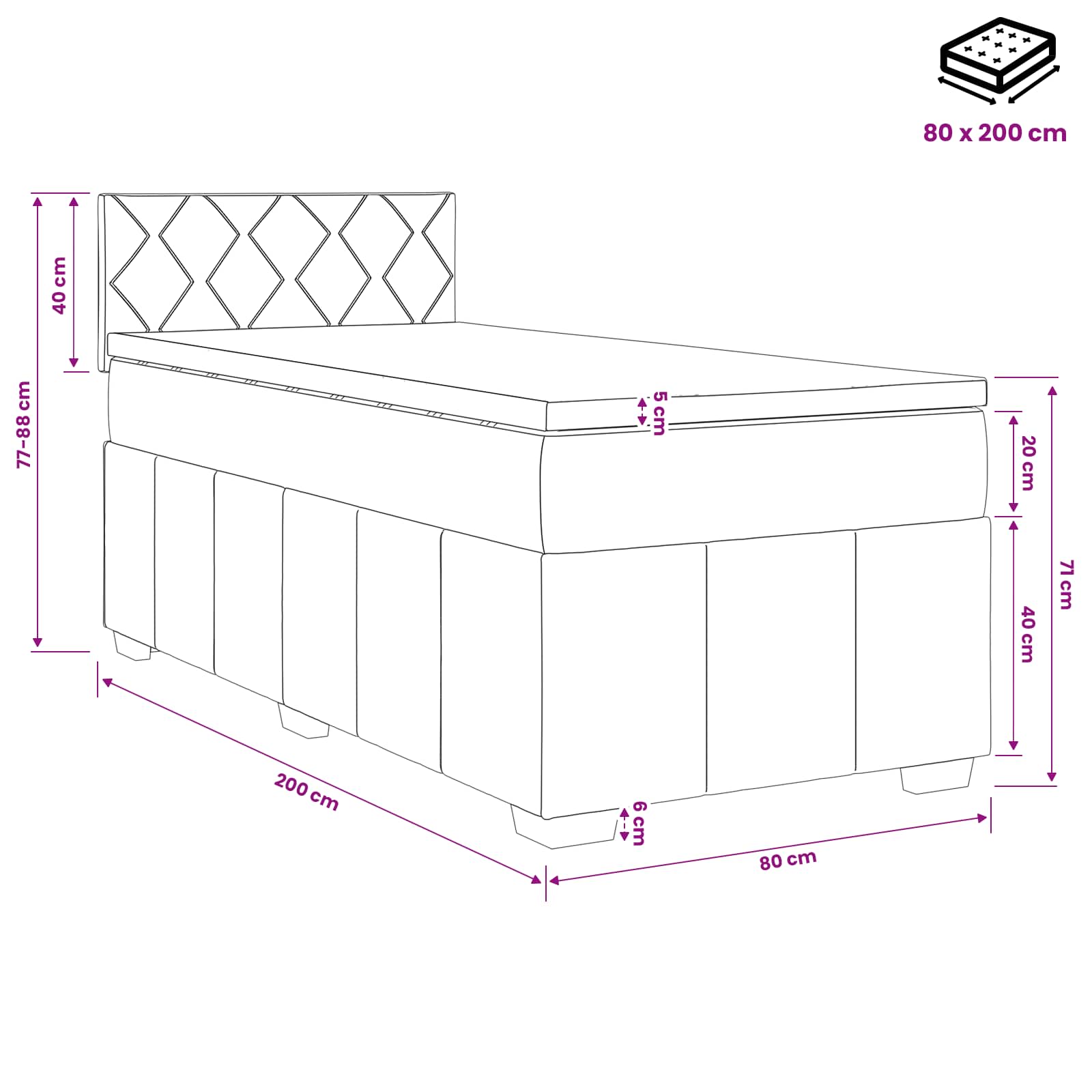 Boxspring krevet s madracem Crna 80 x 200 cm Tkanina