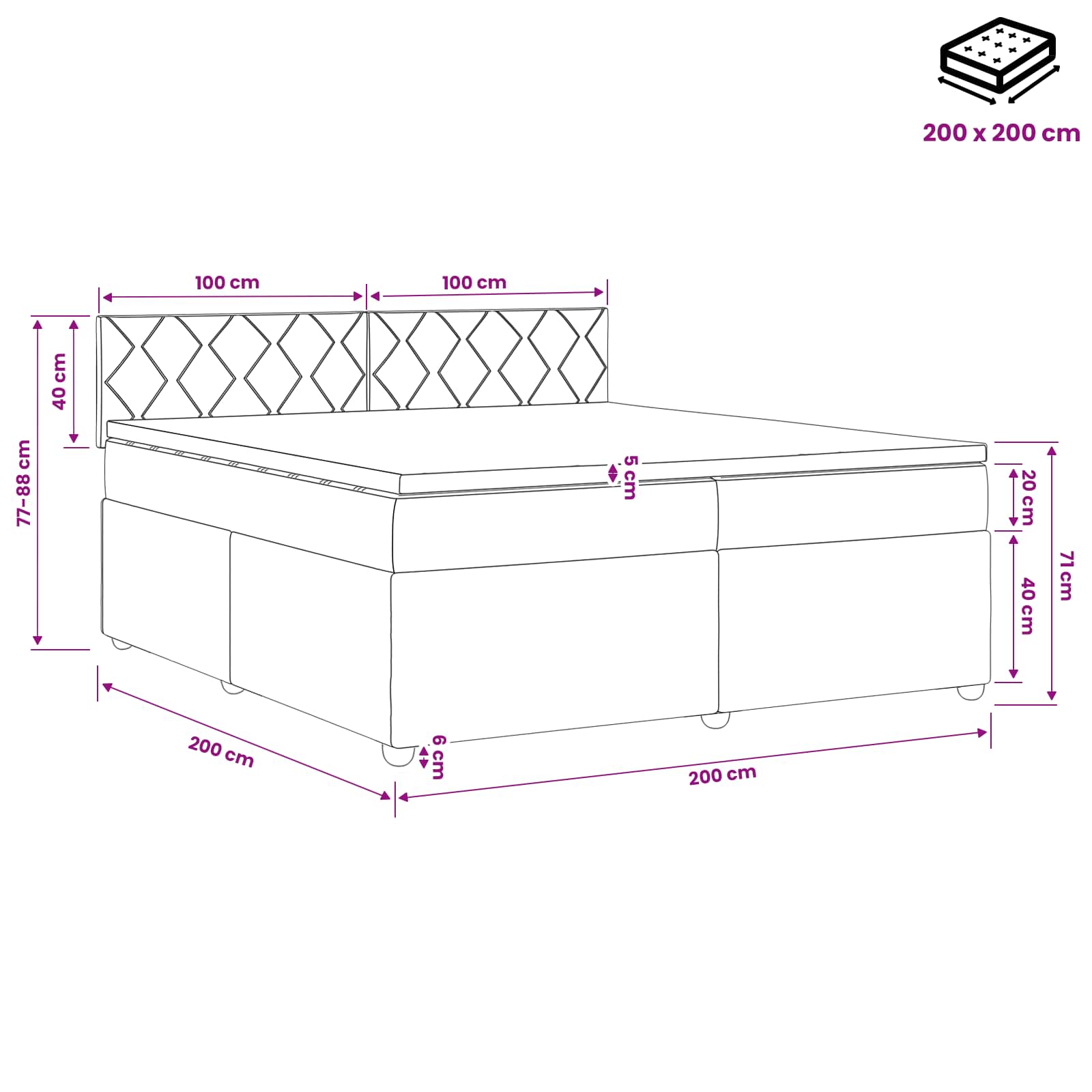 Boxspring krevet s madracem Tamnosiva 200 x 200 cm Tkanina