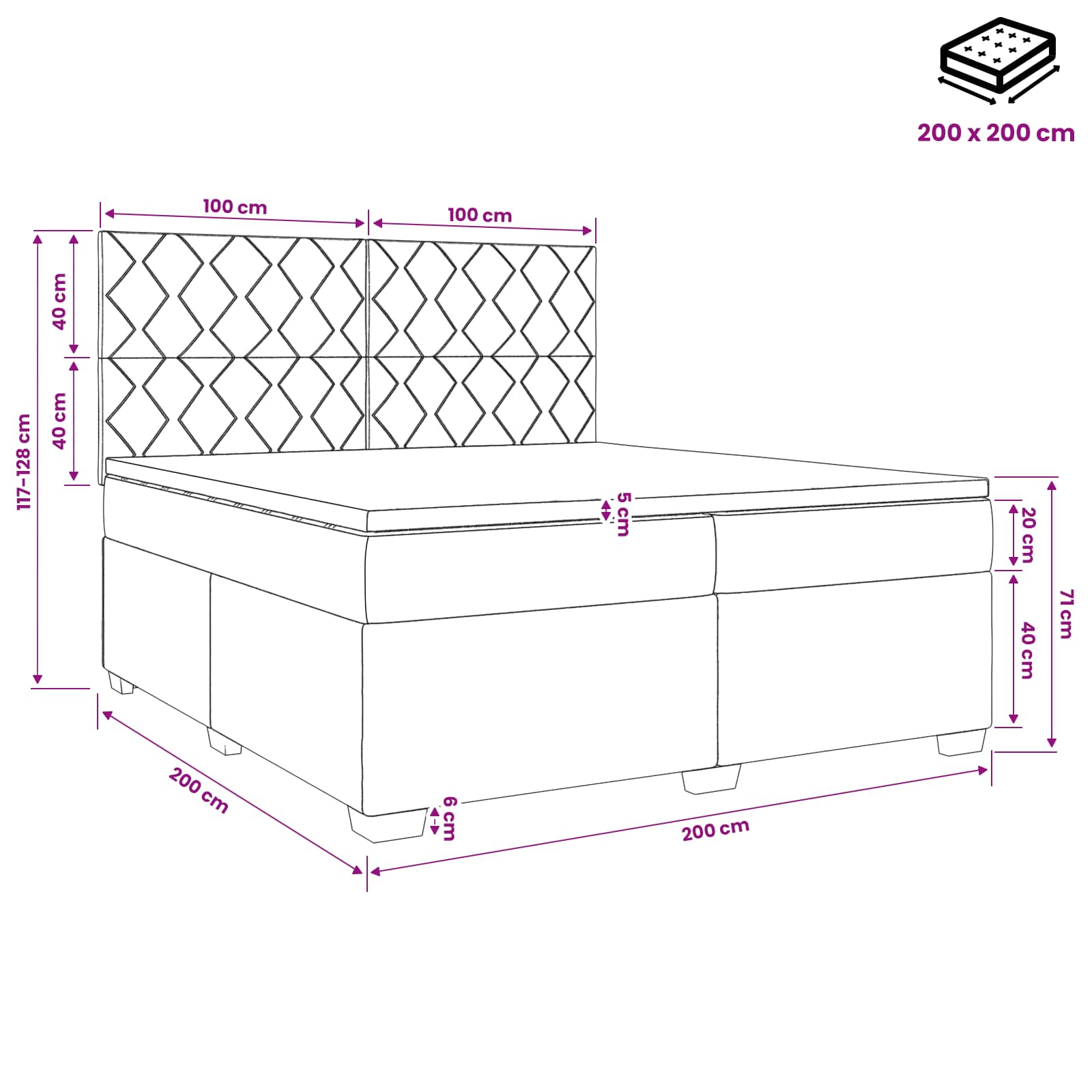 Boxspring krevet s madracem Crna 200 x 200 cm Tkanina