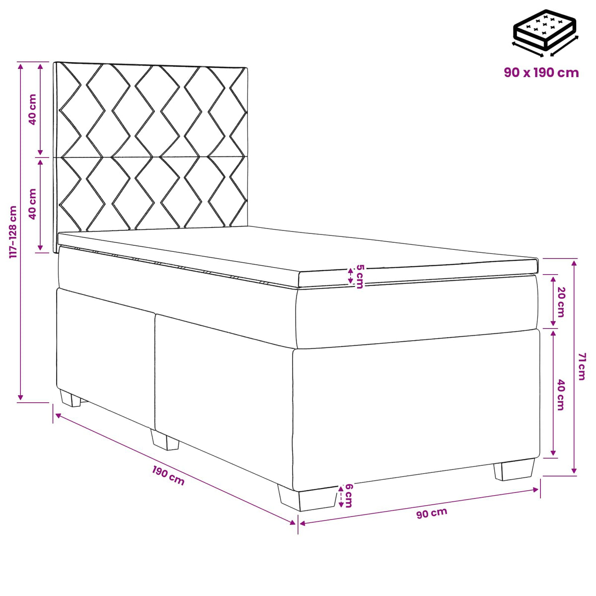 Krevet s box springom, madracem i LED-om Tamnosiva 90 x 190 cm