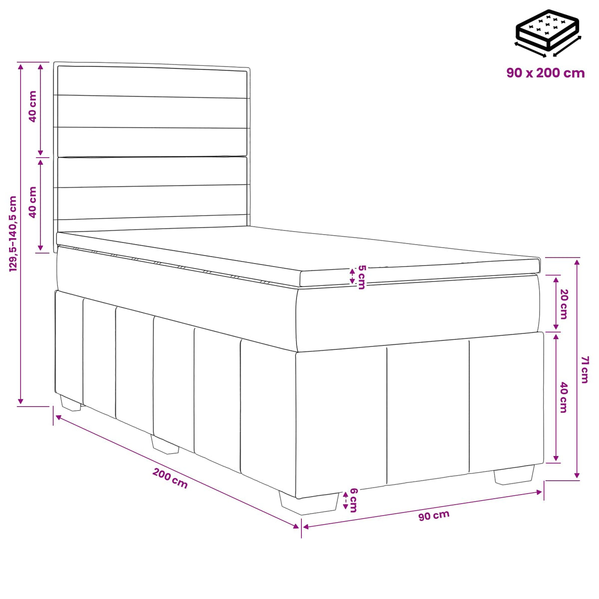 LED okvir za krevet s madracem Svjetlosiva 90 x 200 cm Tkanina