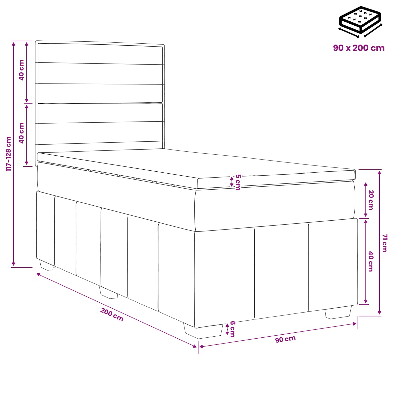 LED okvir za krevet s madracem Crna 90 x 200 cm Tkanina