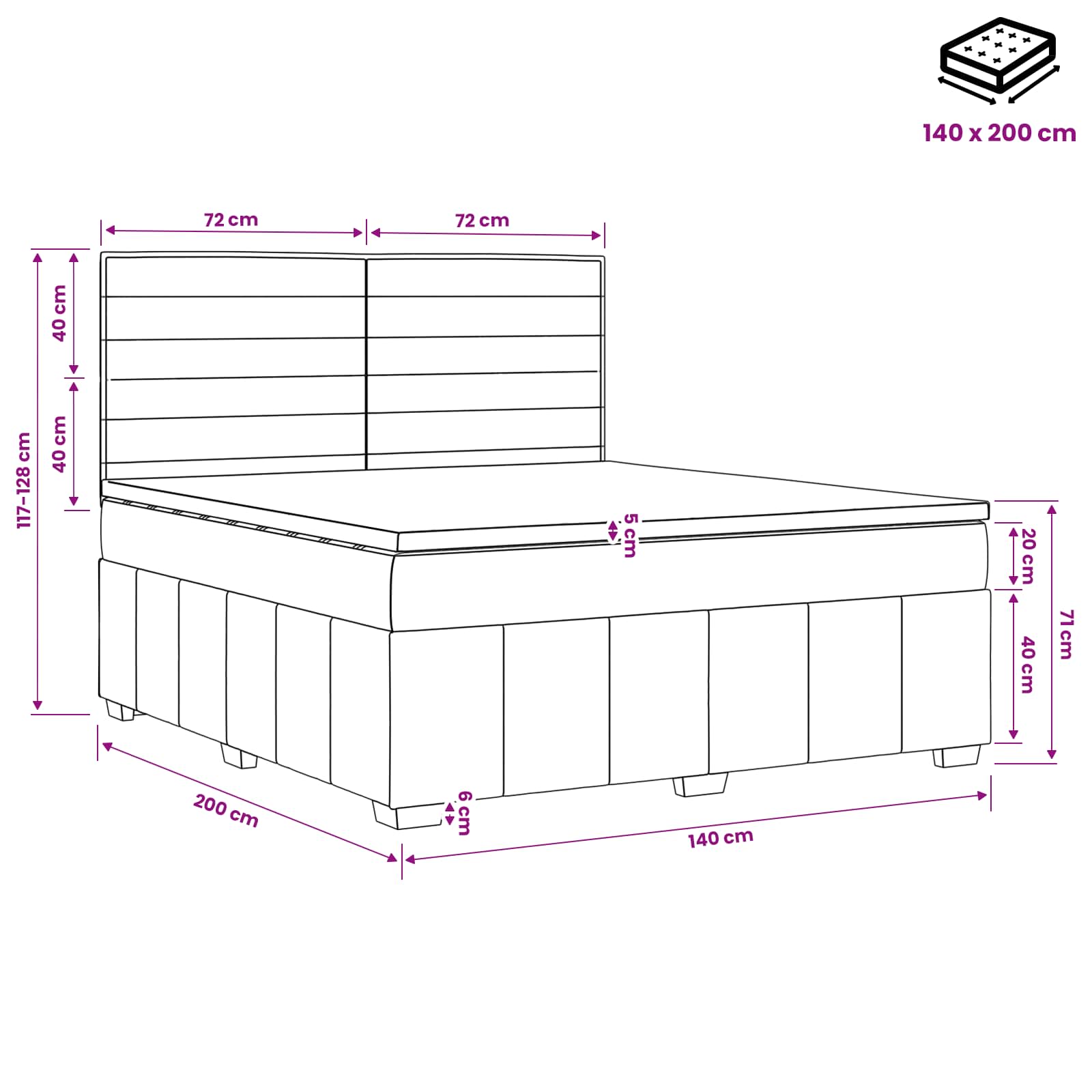 LED okvir za krevet s madracem Plava 140 x 200 cm Tkanina