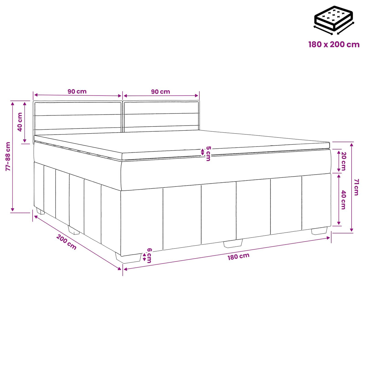 LED okvir za krevet s madracem Crna 180 x 200 cm Tkanina