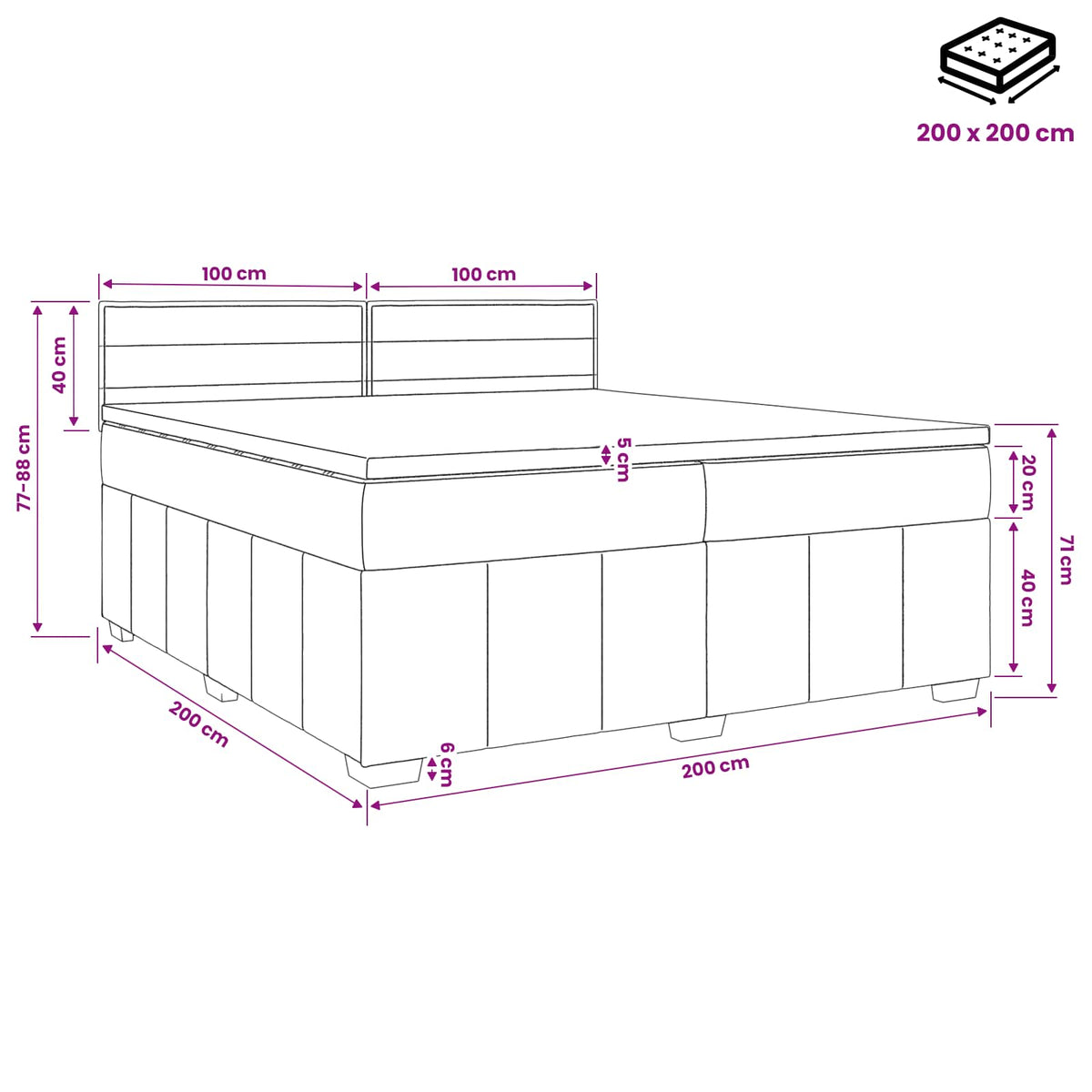 LED okvir za krevet s madracem Tamnosiva 200 x 200 cm Tkanina