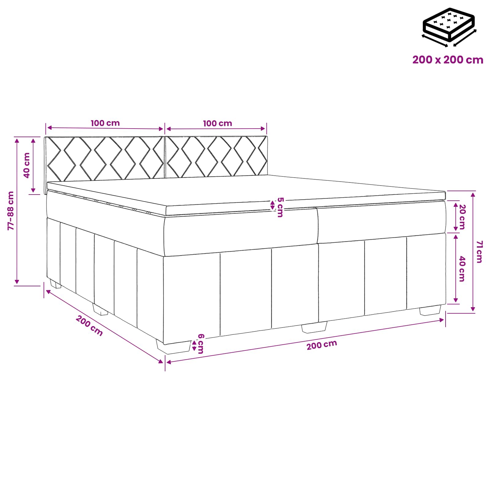 LED okvir za krevet s madracem Crna 200 x 200 cm Tkanina
