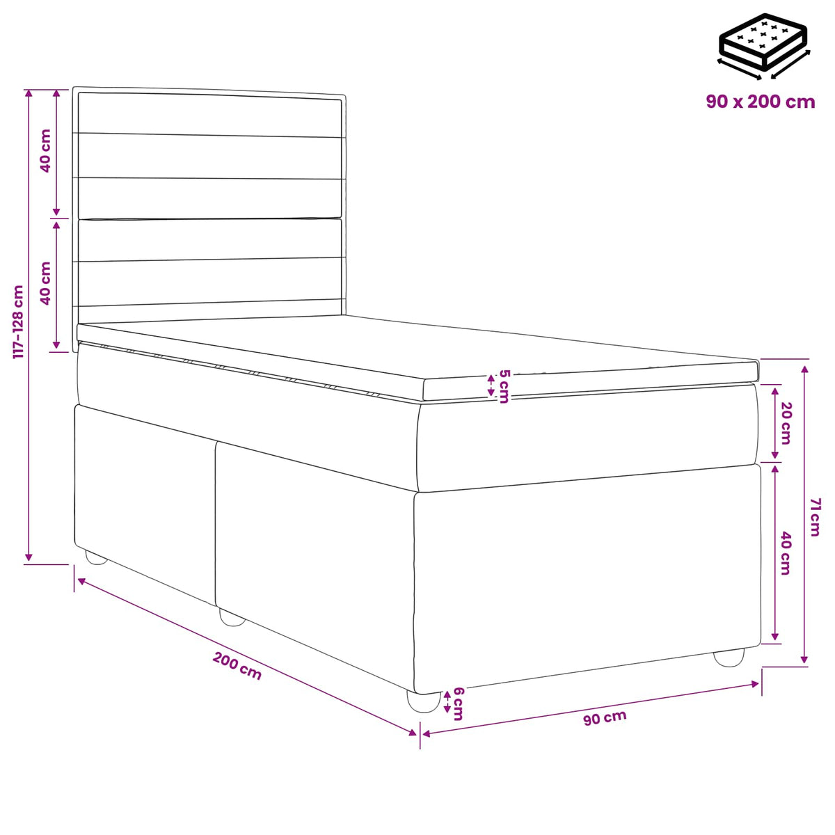 LED okvir za krevet s madracem Crna 90 x 200 cm Tkanina