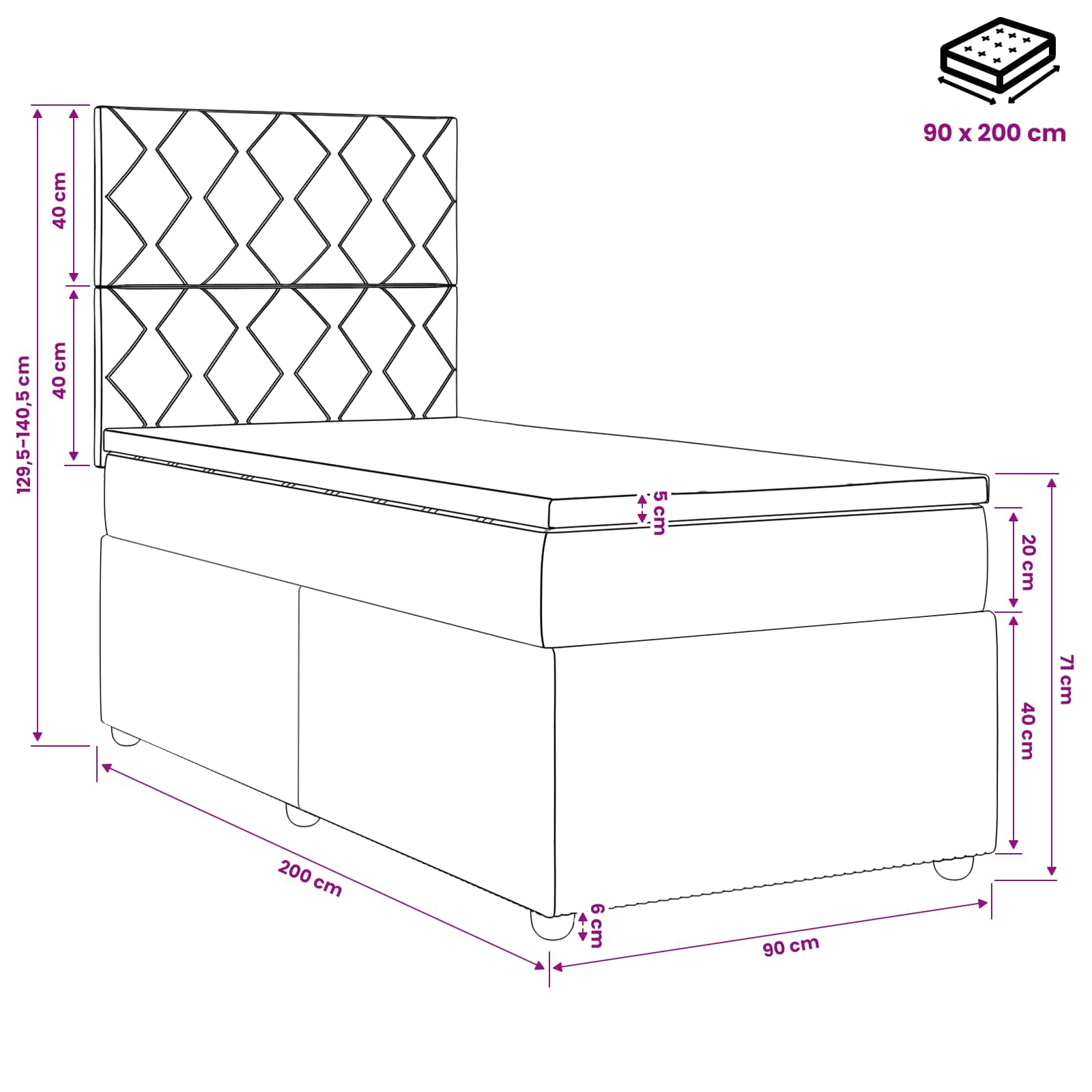LED okvir za krevet s madracem Crna 90 x 200 cm Tkanina