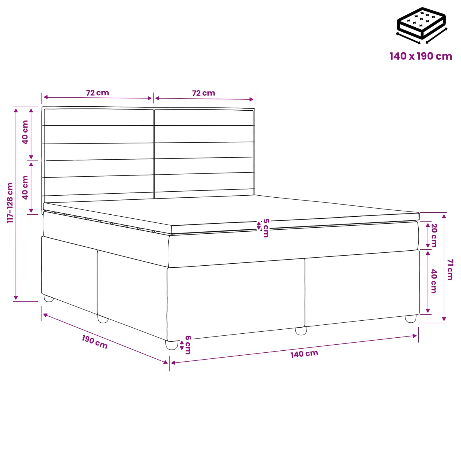 LED okvir za krevet s madracem Crna 140 x 190 cm Tkanina