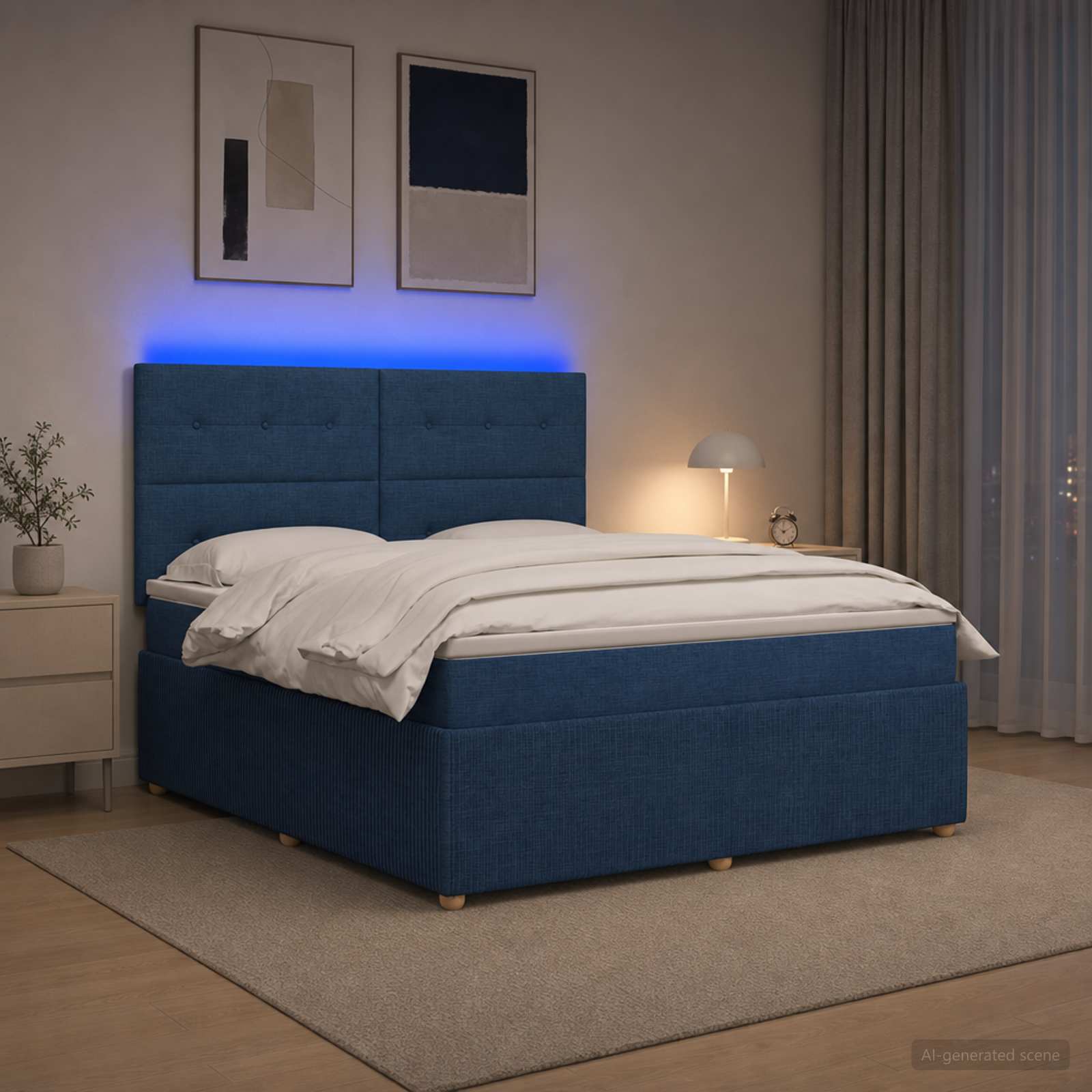 LED okvir za krevet s madracem Plava 160 x 200 cm Tkanina