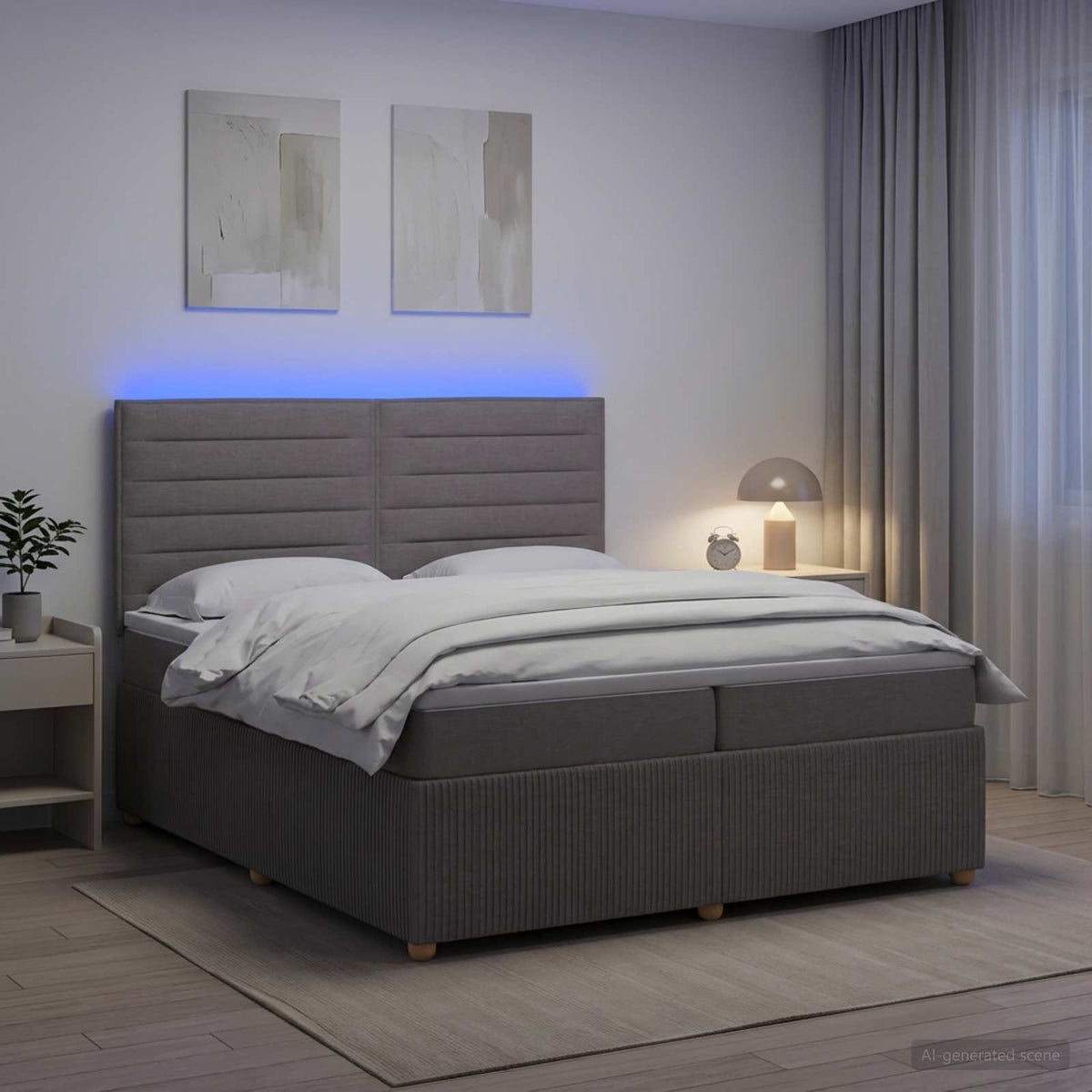 LED okvir za krevet s madracem Sivosmeđa 200 x 200 cm Tkanina