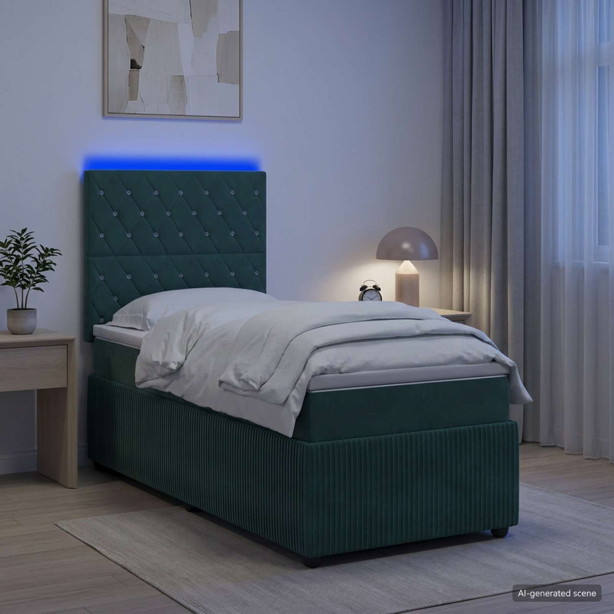 LED okvir za krevet s madracem Tamnozelena 90 x 200 cm Baršun