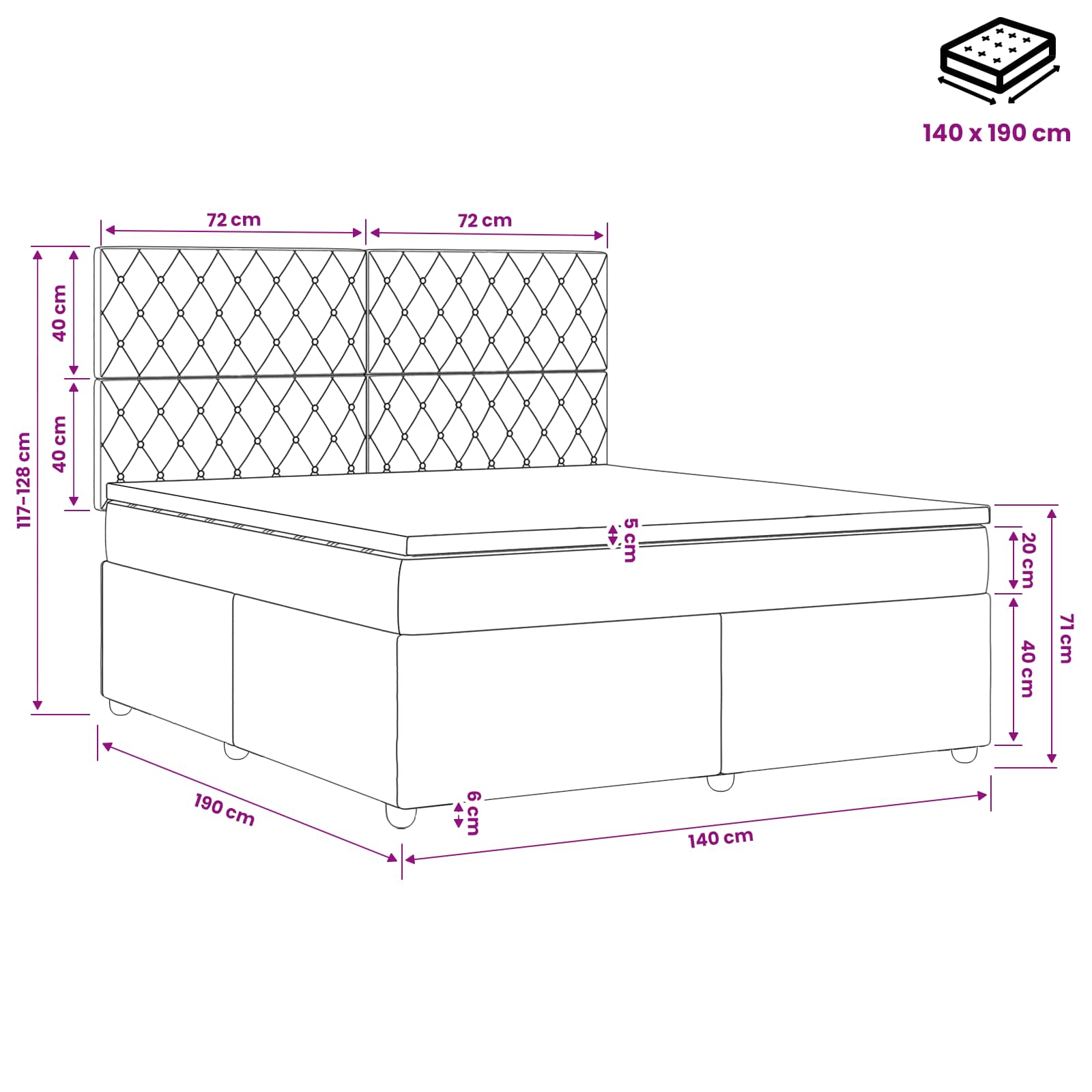 LED okvir za krevet s madracem Plava 140 x 190 cm Baršun