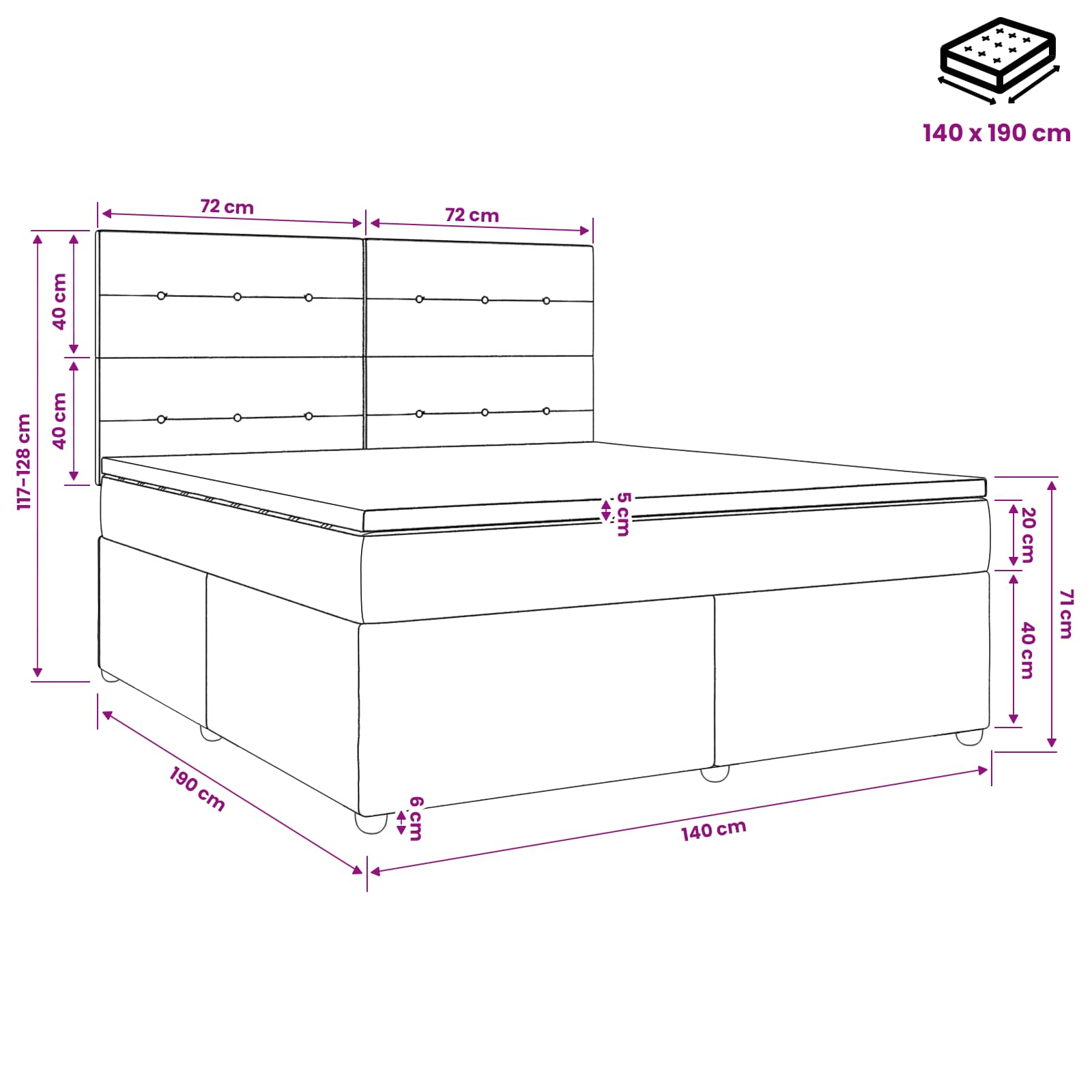 LED okvir za krevet s madracem Crna 140 x 190 cm Baršun