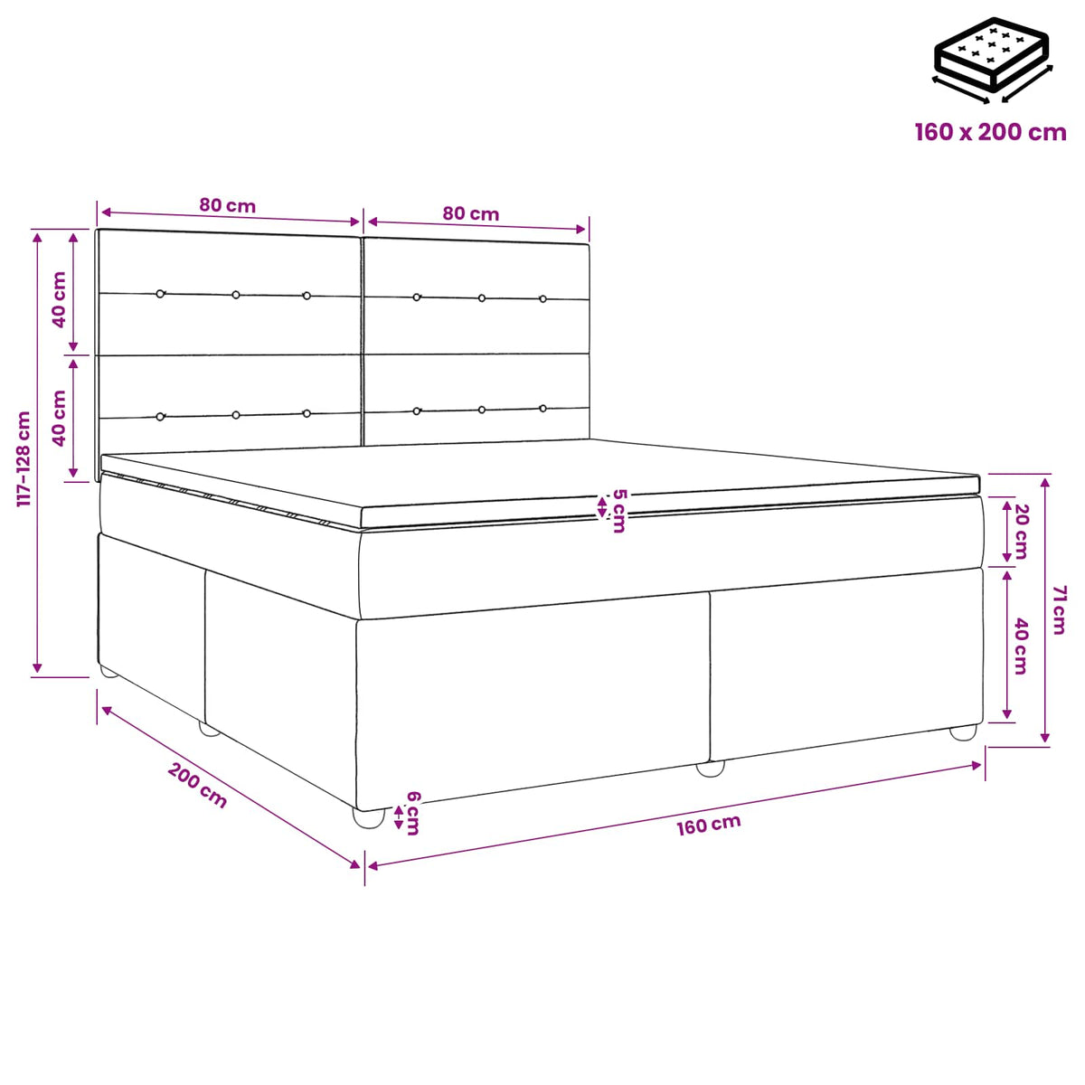 LED okvir za krevet s madracem Crna 160 x 200 cm Baršun