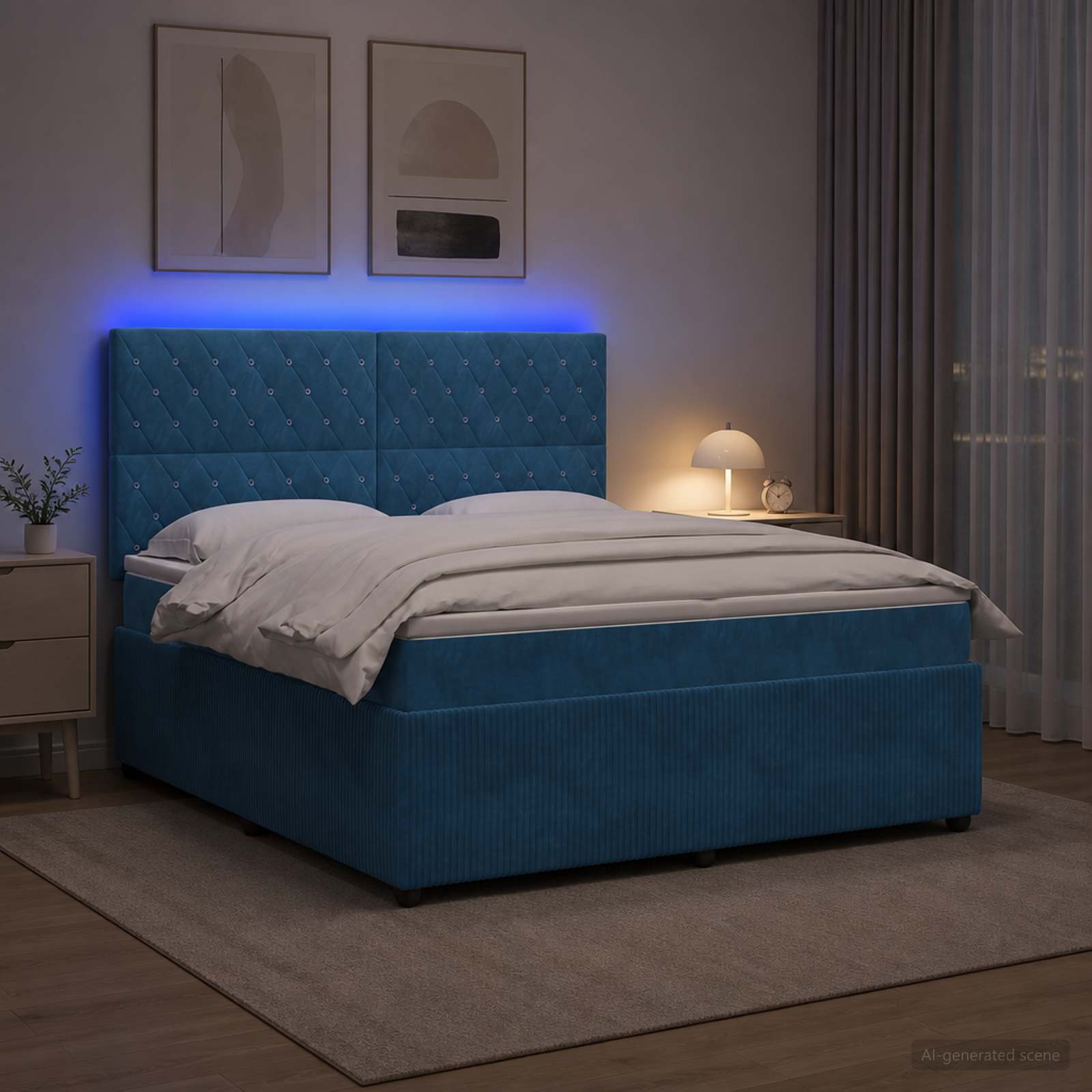 LED okvir za krevet s madracem Plava 140 x 190 cm Baršun