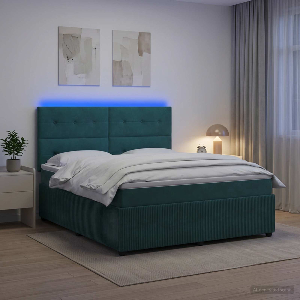 LED okvir za krevet s madracem Tamnozelena 140 x 200 cm Baršun