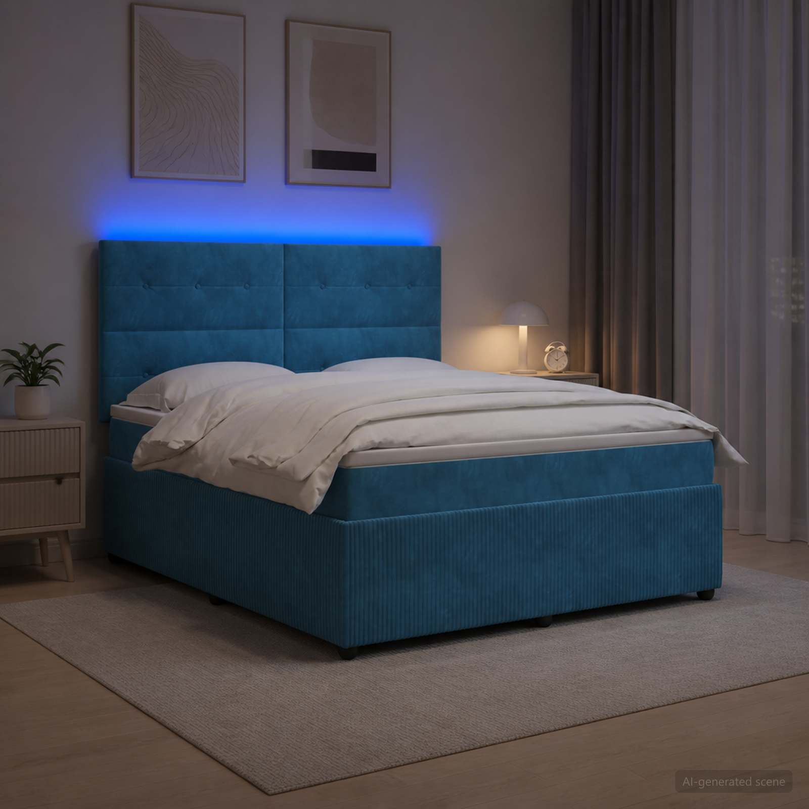 LED okvir za krevet s madracem Plava 140 x 190 cm Baršun