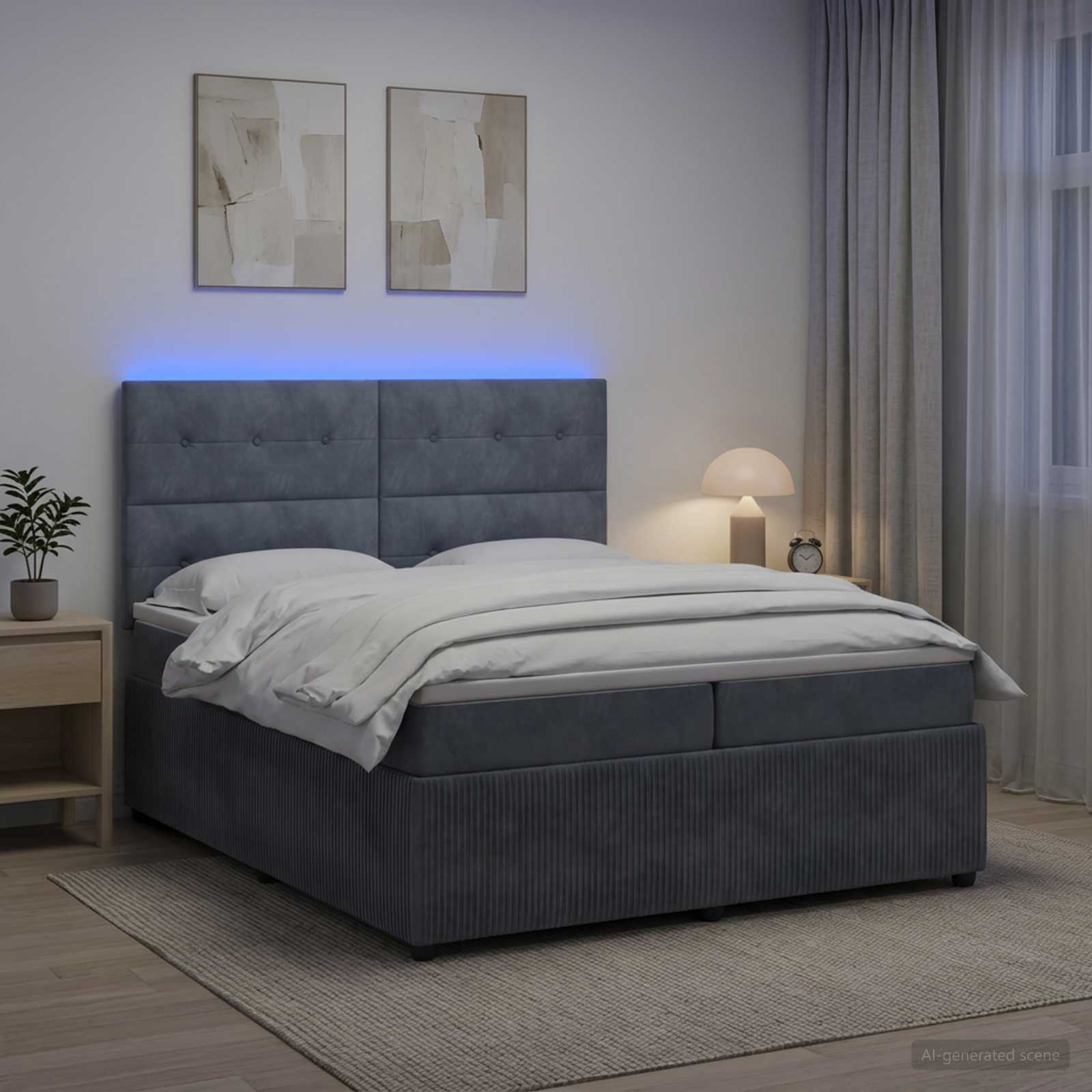 LED okvir za krevet s madracem Tamnosiva 200 x 200 cm Baršun