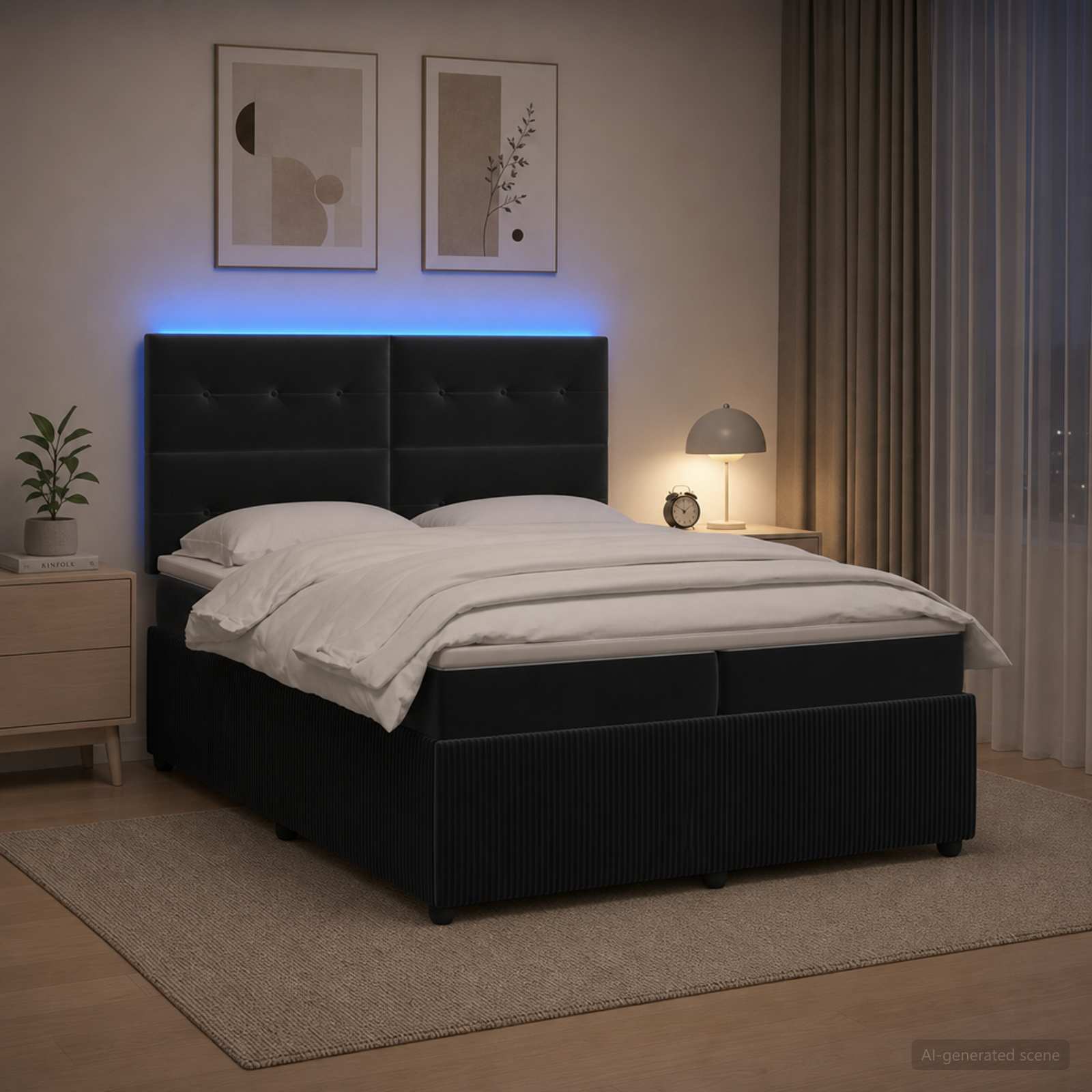 LED okvir za krevet s madracem Crna 200 x 200 cm Baršun