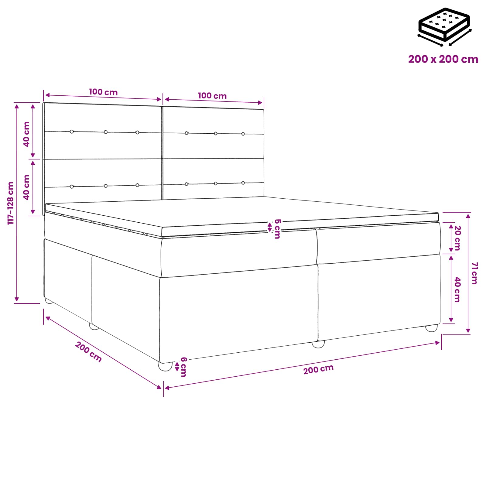 LED okvir za krevet s madracem Crna 200 x 200 cm Baršun