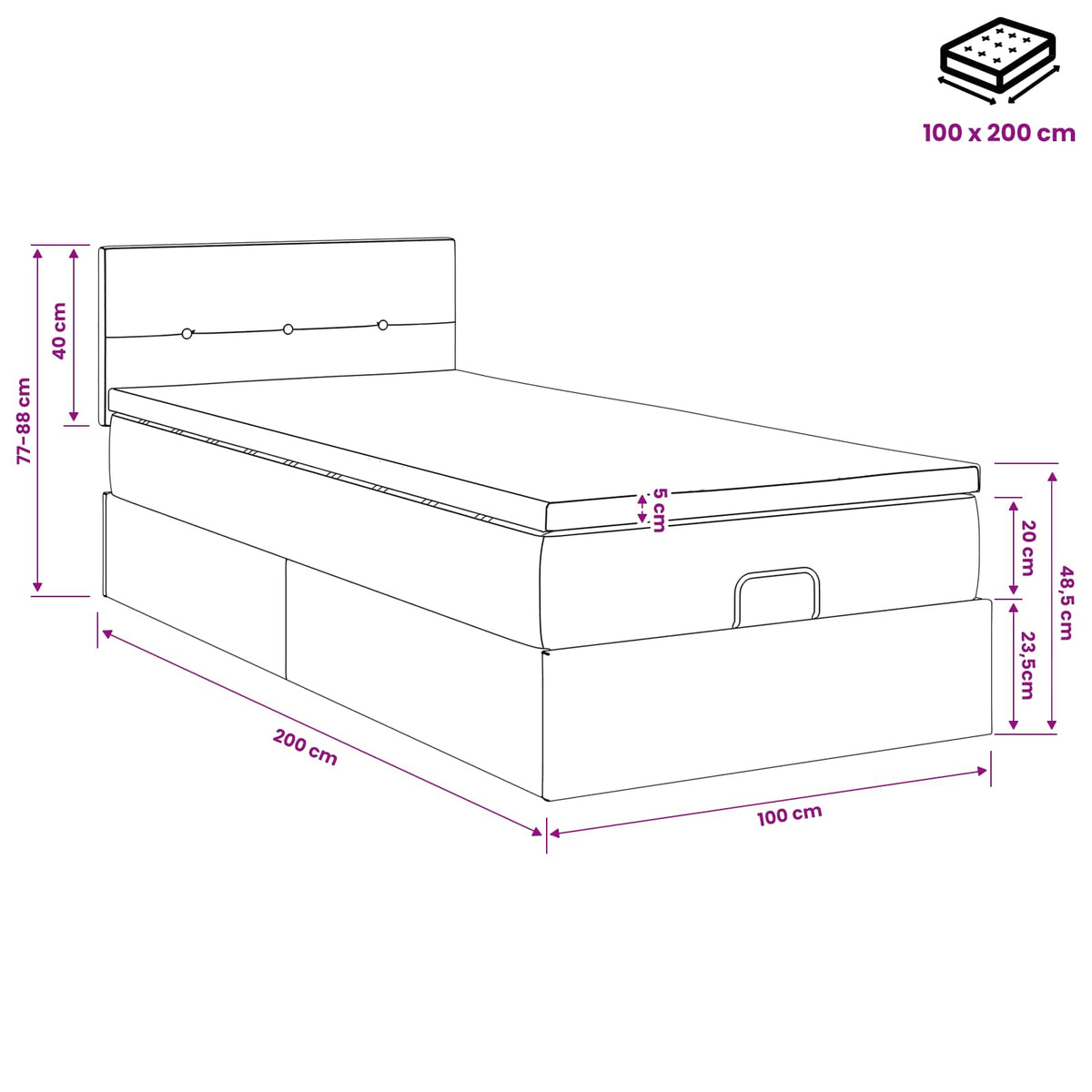 Podesivi krevet s madracem Crna 100 x 200 cm Baršun