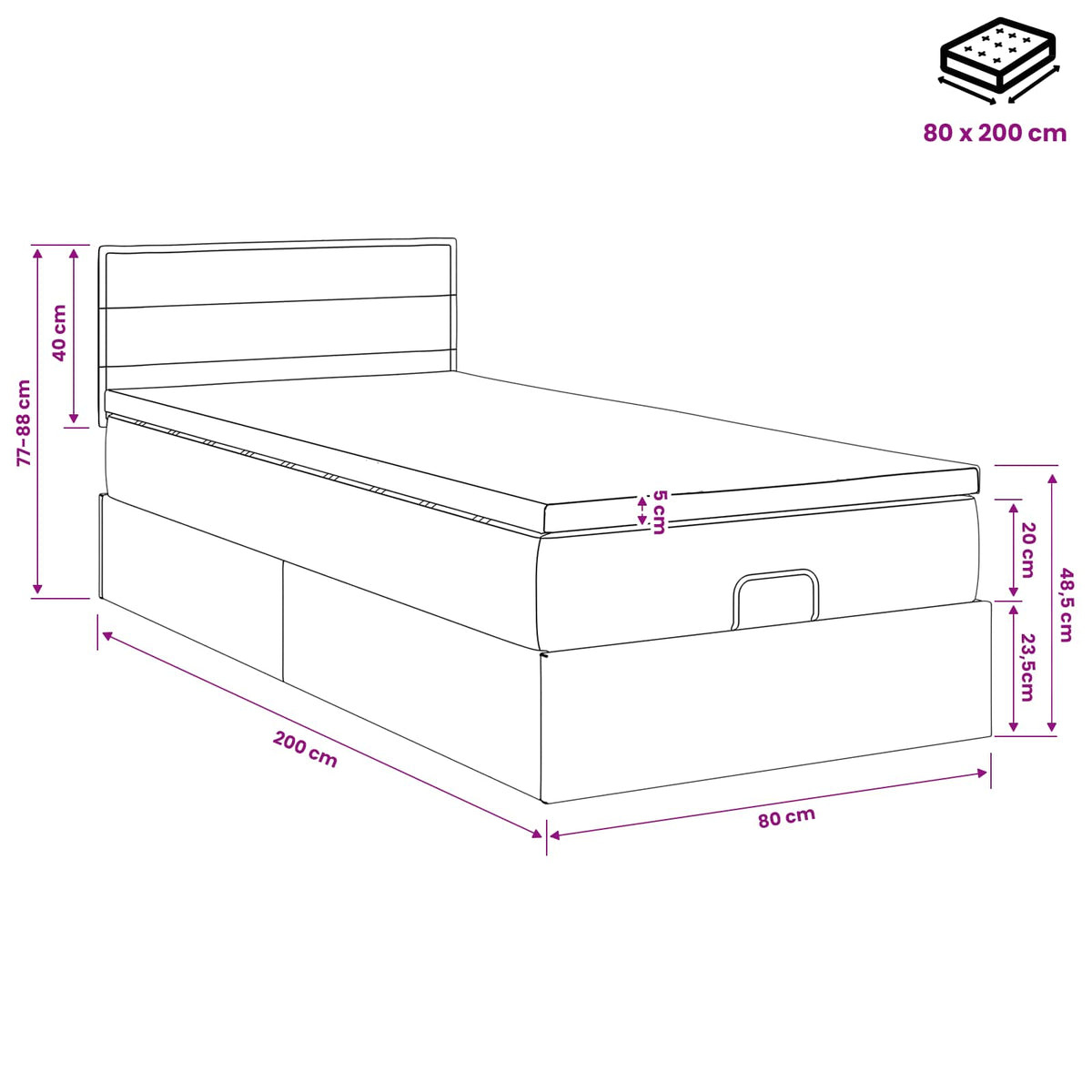 Krevet od pjene s madracem i LED-om Crna 80 x 200 cm Tkanina