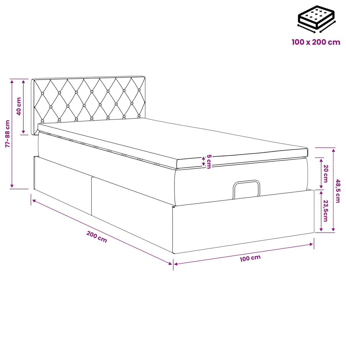 Krevet od pjene s madracem i LED-om Crna 100 x 200 cm Baršun