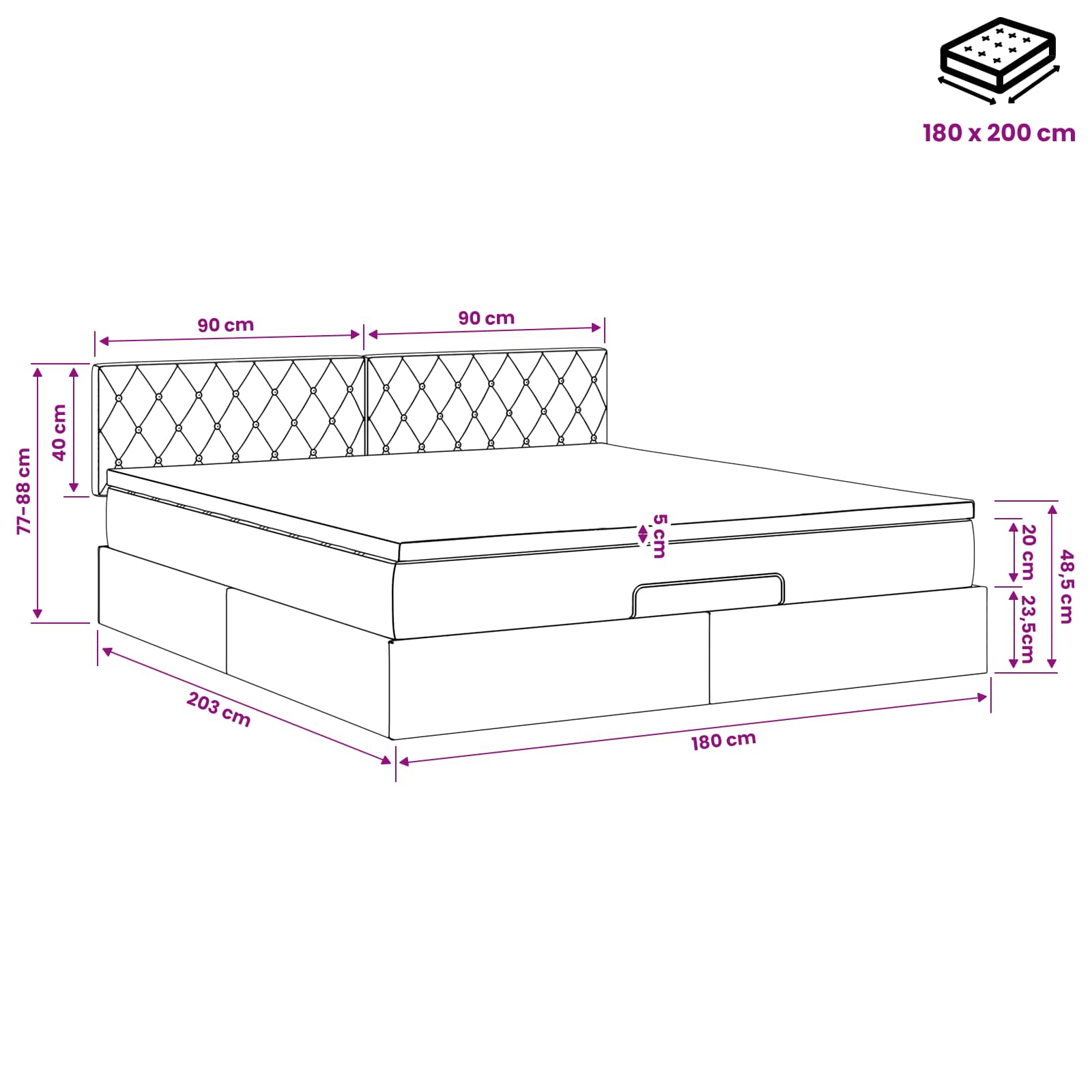 Krevet od pjene s madracem i LED-om Crna 180 x 200 cm Baršun