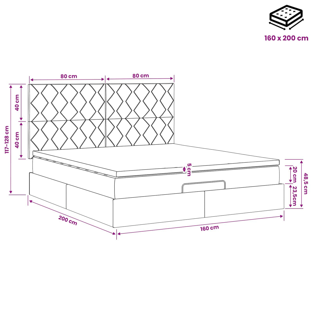 Podesivi krevet s madracem Crna 160 x 200 cm Baršun