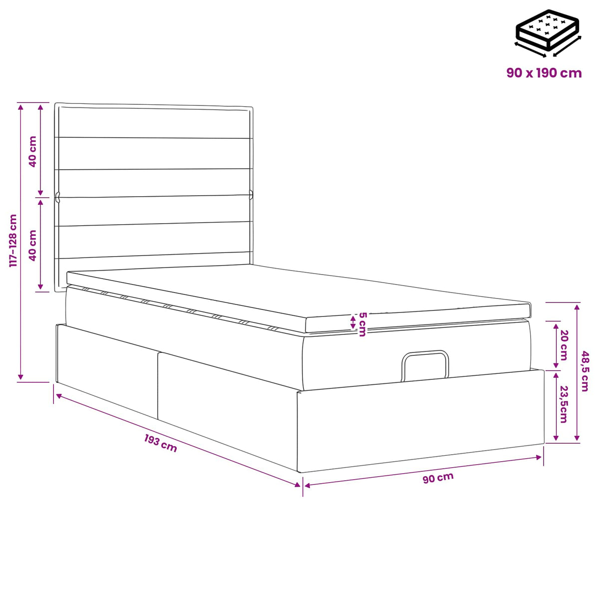Krevet od pjene s madracem i LED-om Tamnosiva 90 x 190 cm