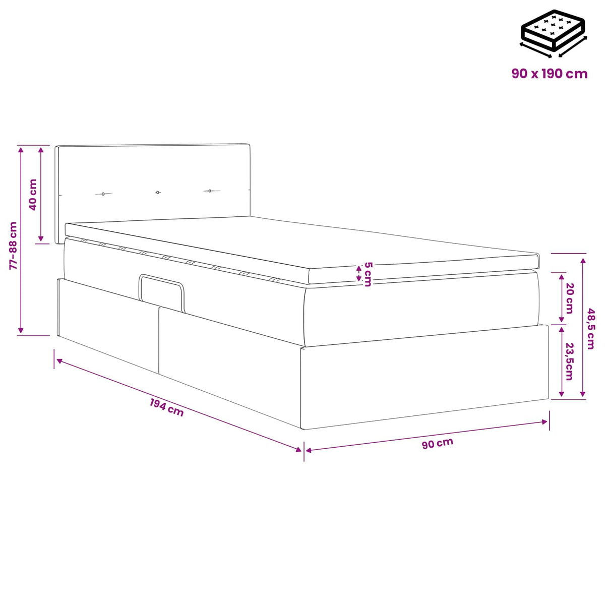 Krevet s madracem i skladištem Krem 90 x 190 cm Baršun
