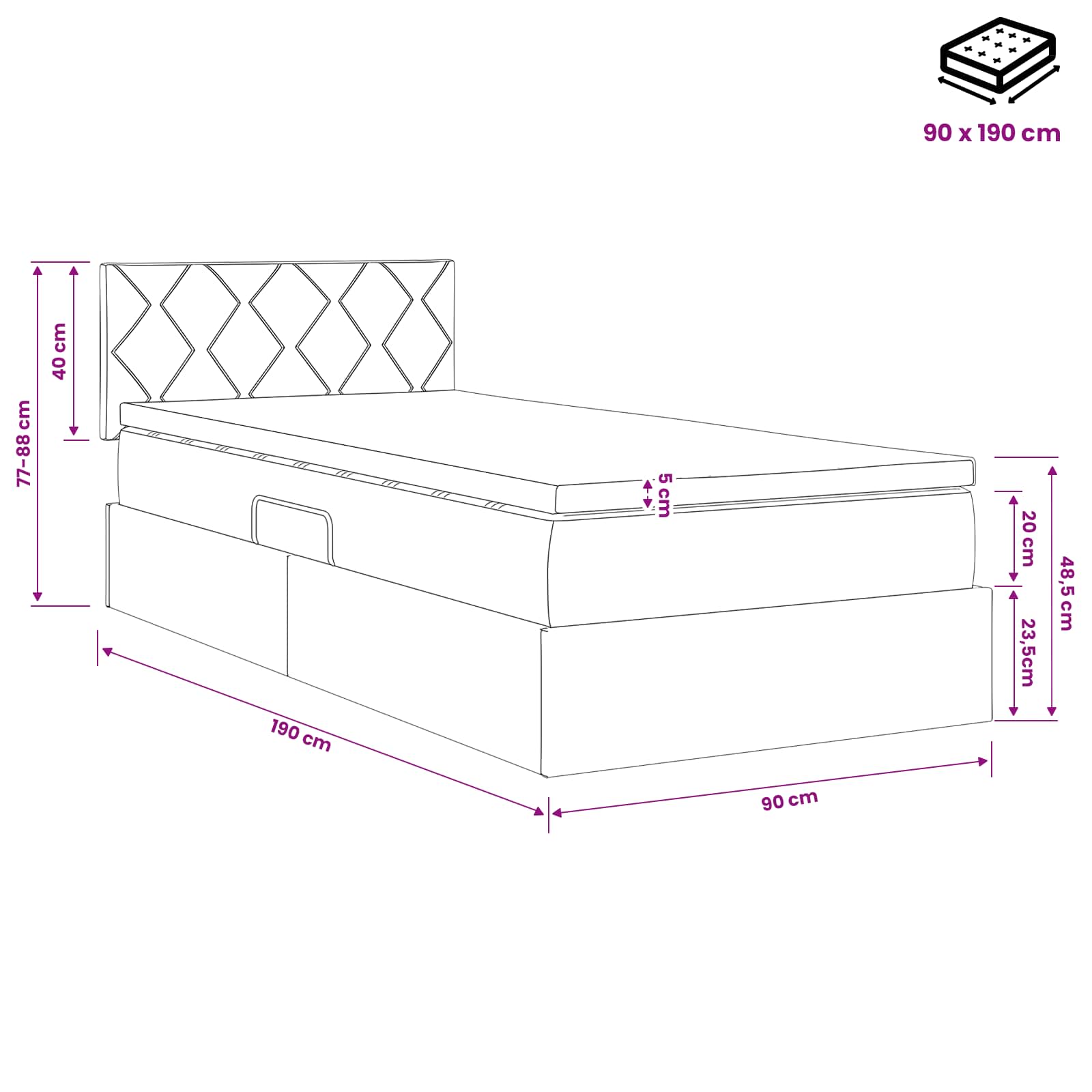 Krevet s madracem i skladištem Tamnosiva 90 x 190 cm Baršun